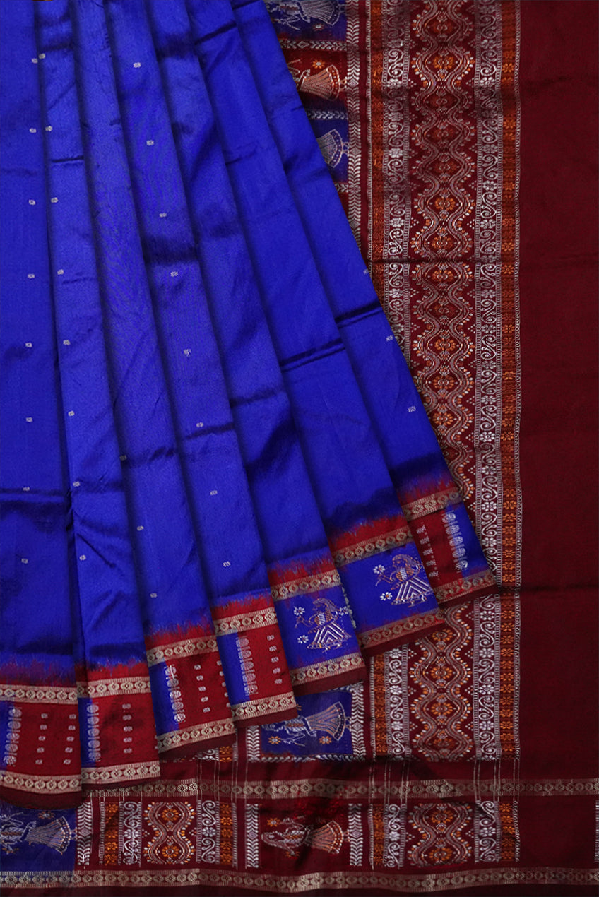 Border with pallu doll pattern silk saree is blue and coffee color. - Koshali Arts & Crafts Enterprise