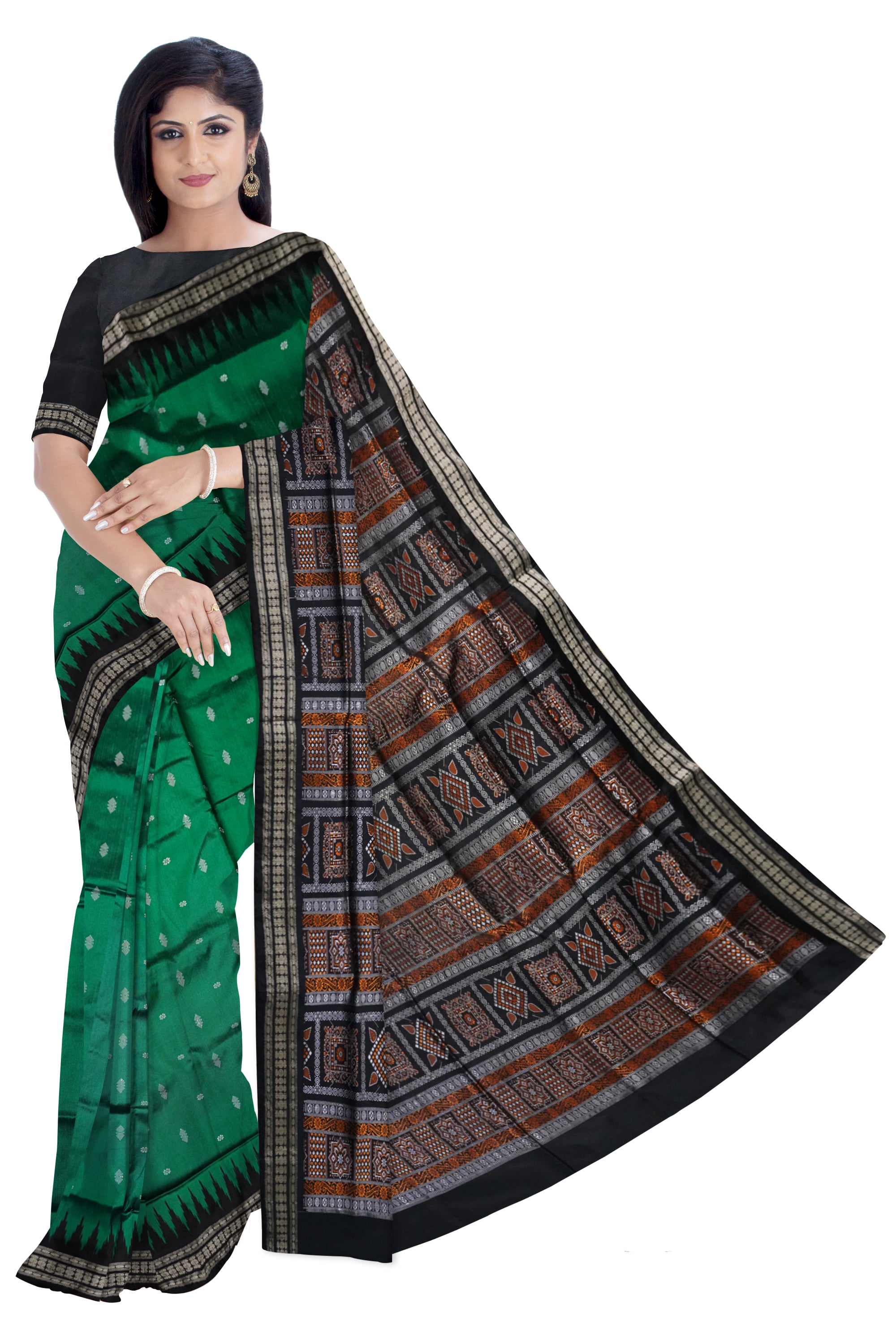 Green color small booty pattern pata saree with black bomkei pallu. - Koshali Arts & Crafts Enterprise