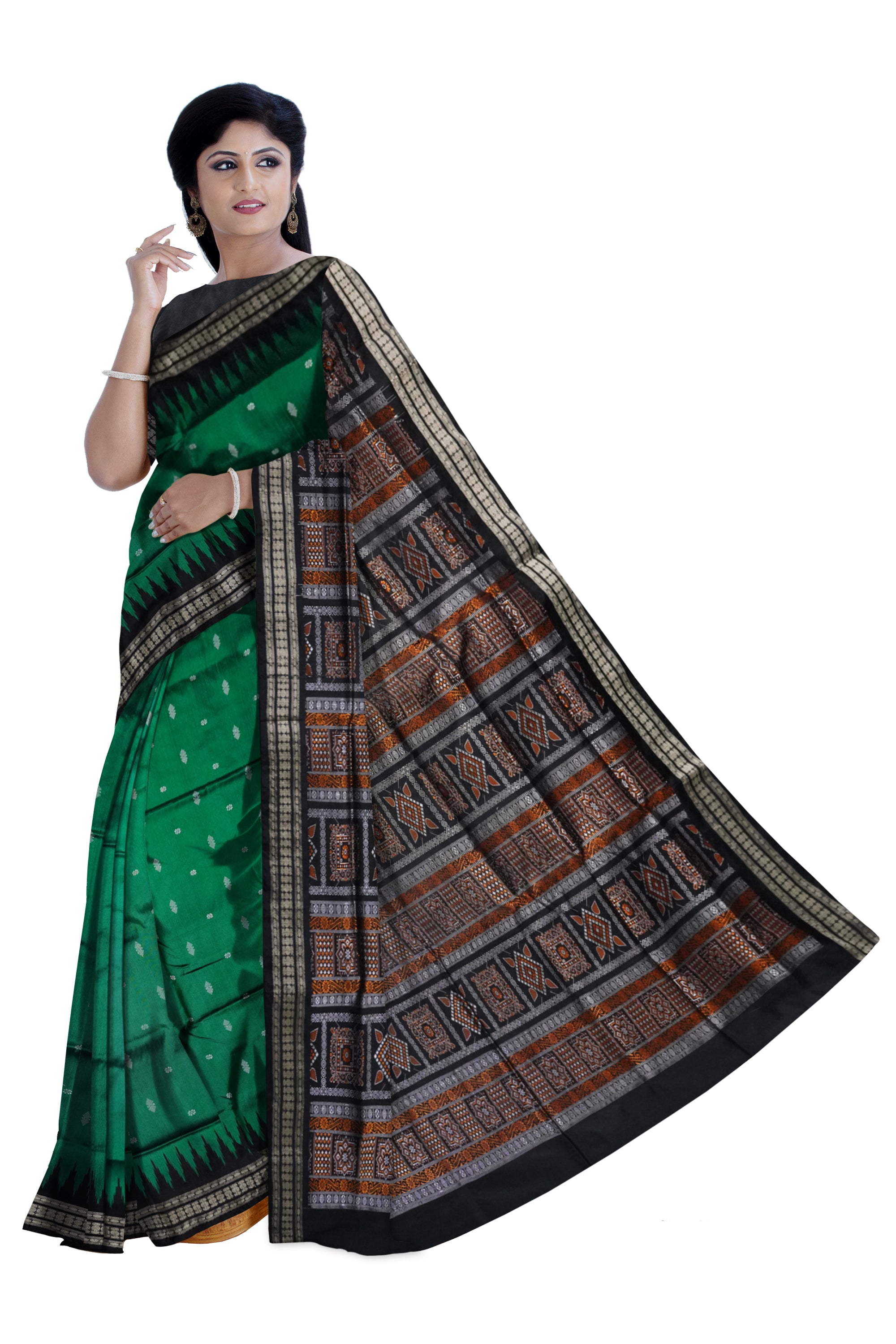 Green color small booty pattern pata saree with black bomkei pallu. - Koshali Arts & Crafts Enterprise