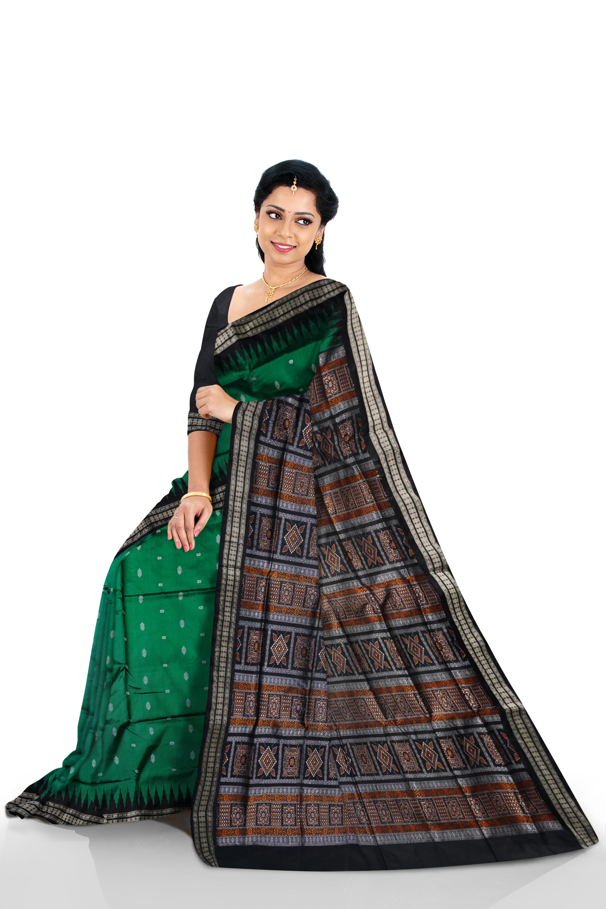 Green color small booty pattern pata saree with black bomkei pallu. - Koshali Arts & Crafts Enterprise