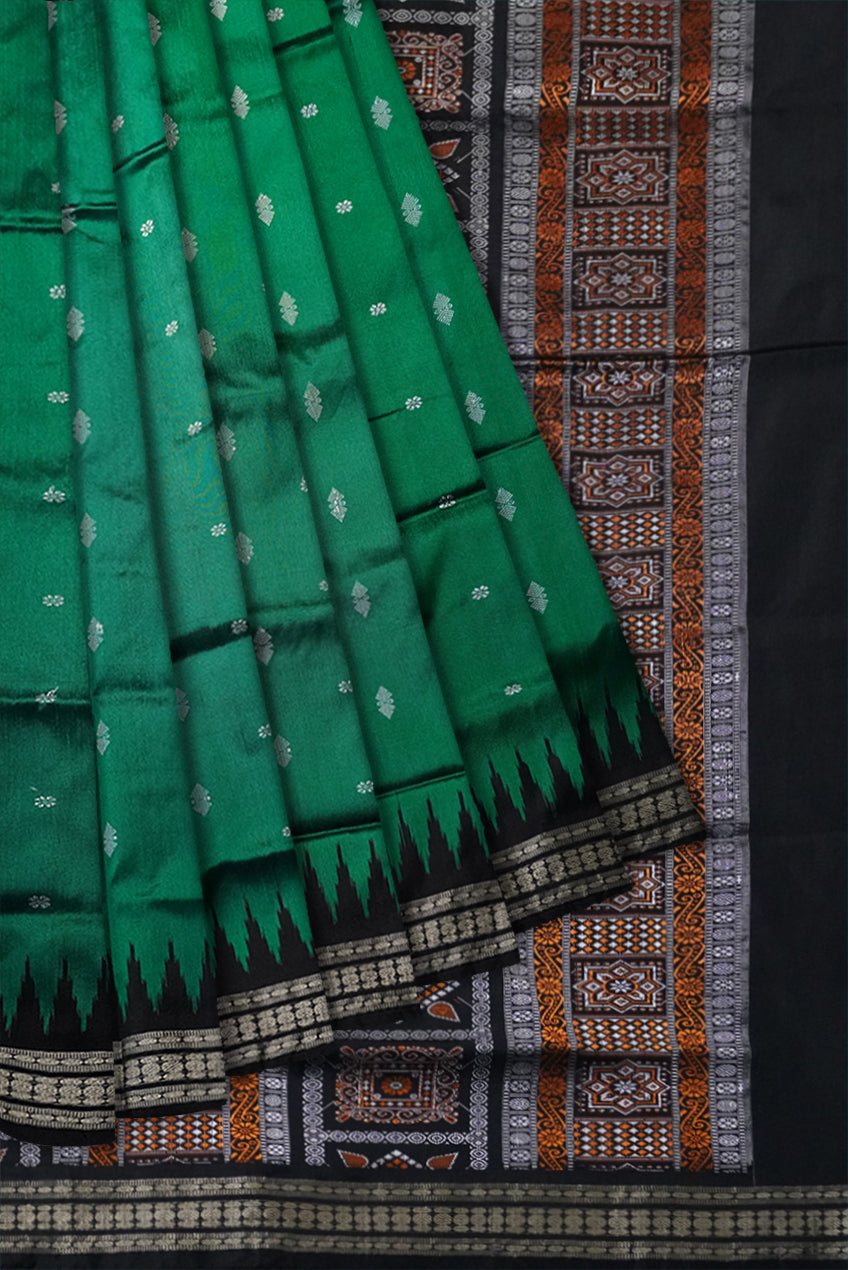Green color small booty pattern pata saree with black bomkei pallu. - Koshali Arts & Crafts Enterprise