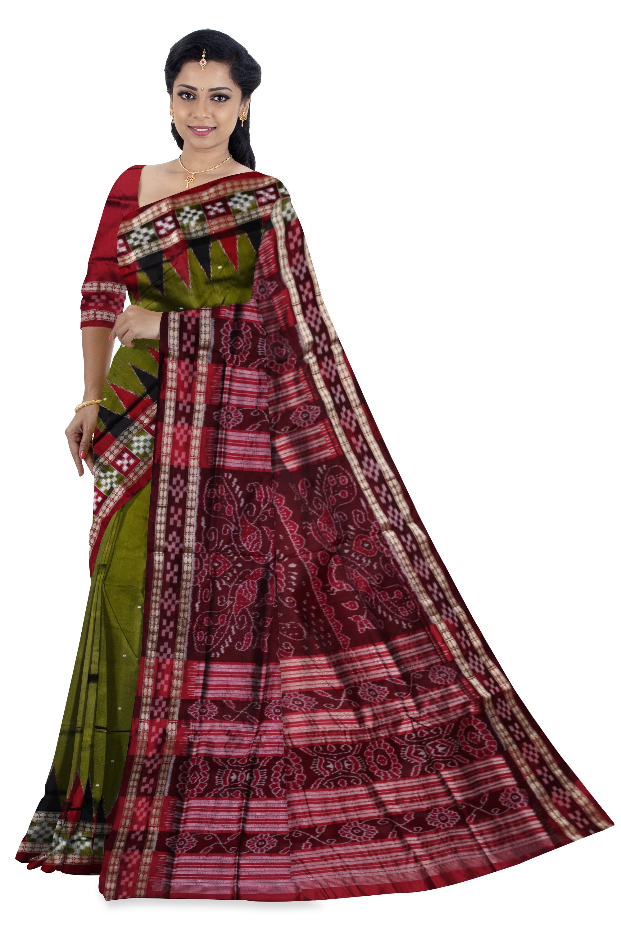 pasapali border pata saree is mehendi and maroon color base. - Koshali Arts & Crafts Enterprise