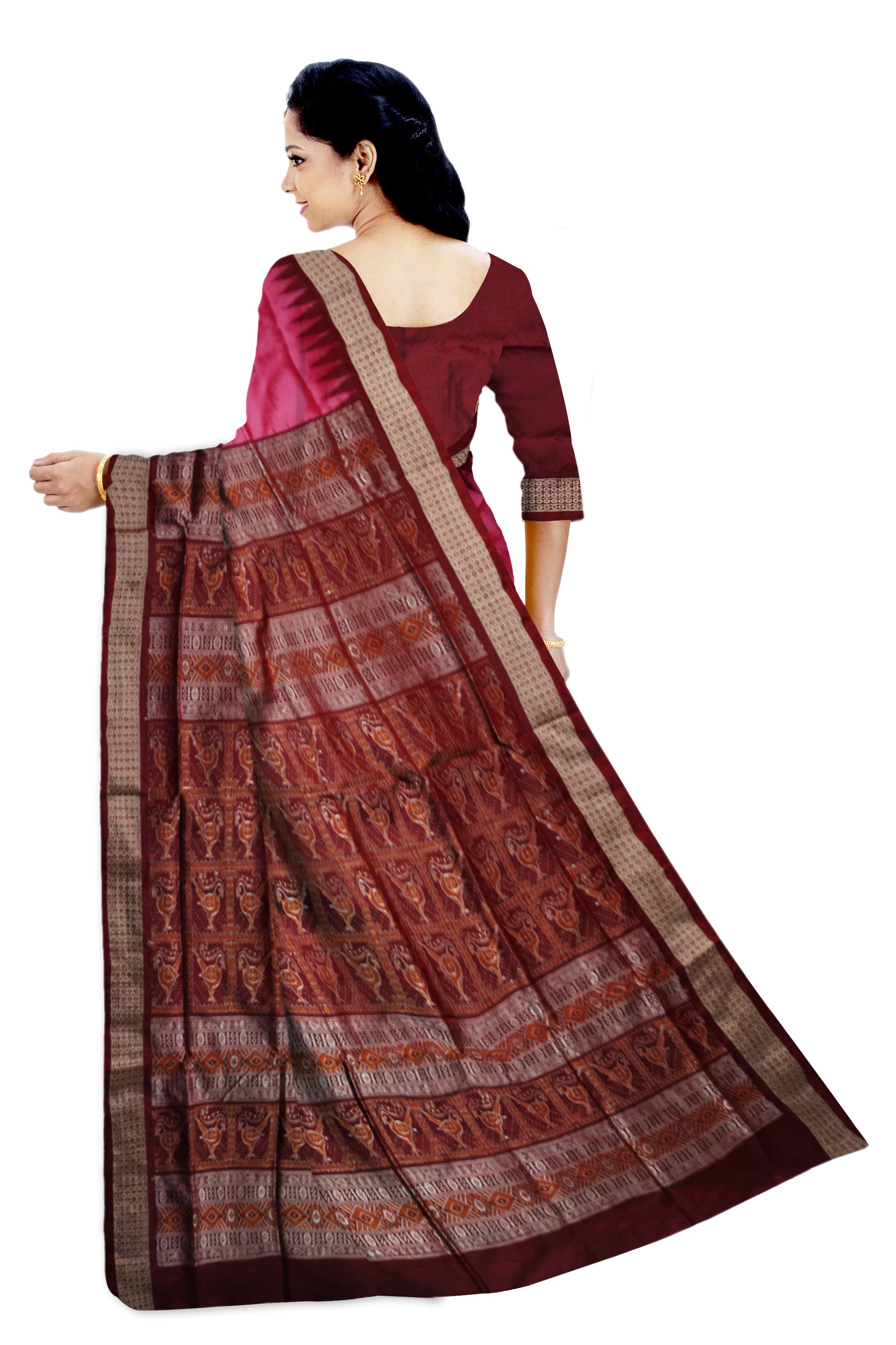 Pink and maroon color terracotta pattern pata saree. - Koshali Arts & Crafts Enterprise