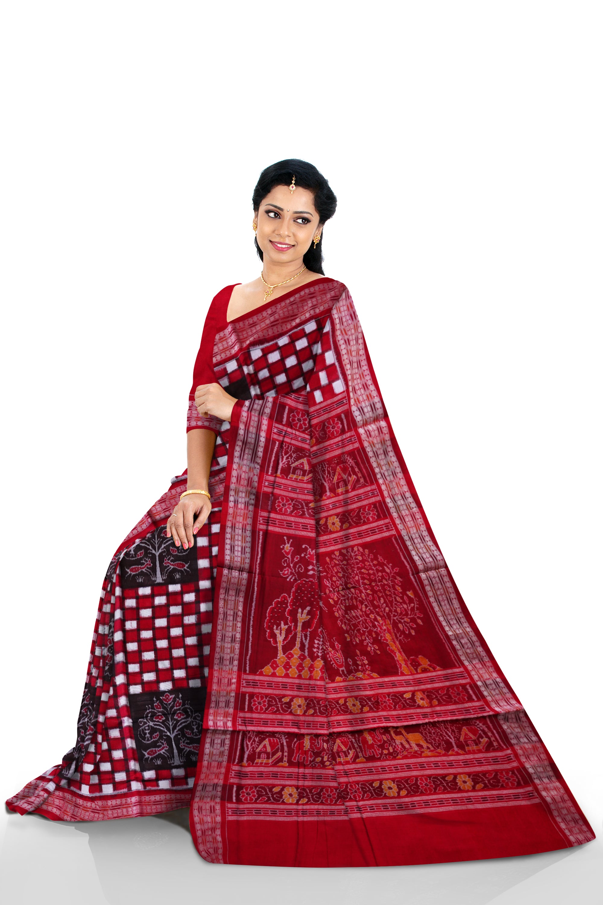 Traditional Pasapali with village pattern pure cotton saree is red color. - Koshali Arts & Crafts Enterprise