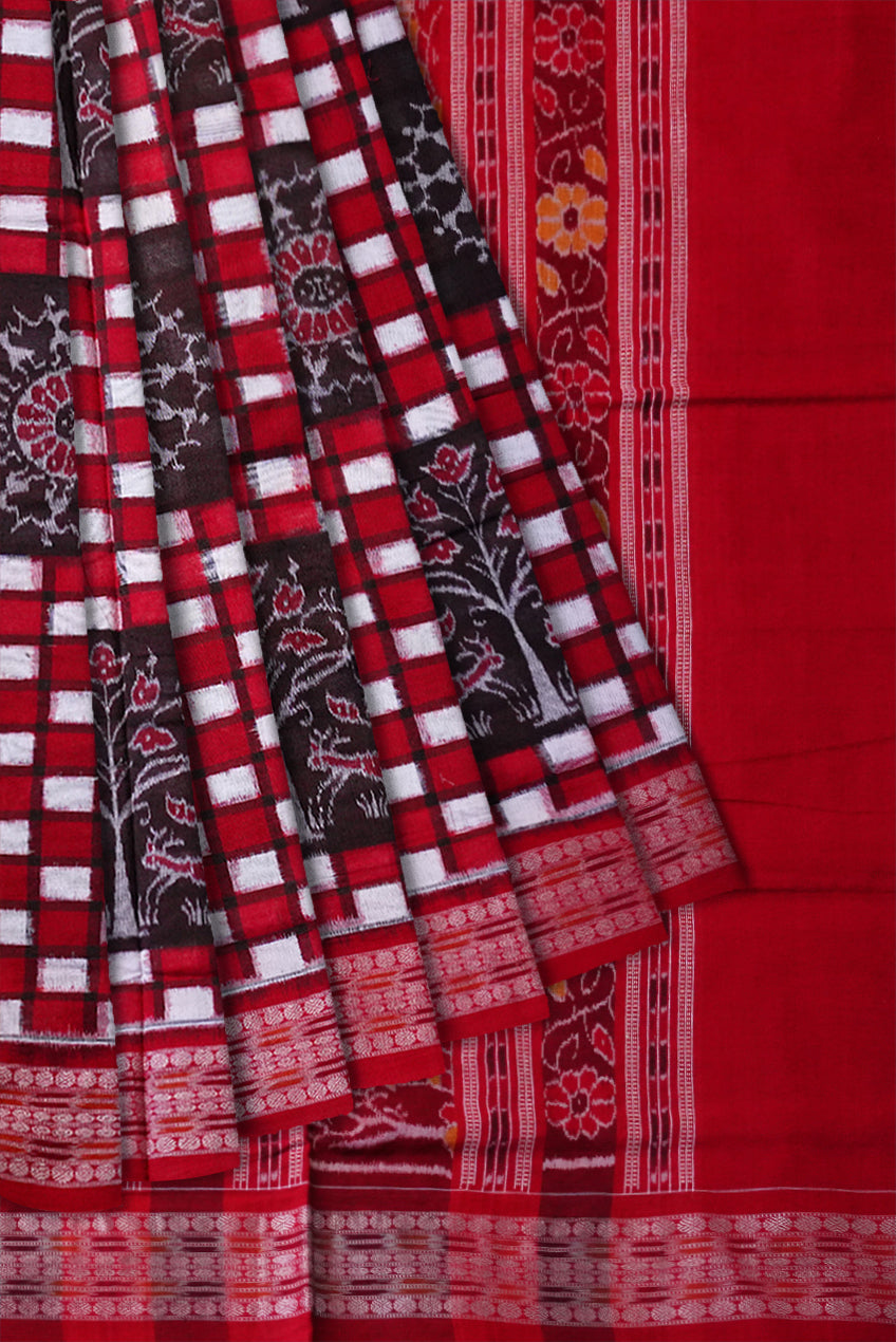 Traditional Pasapali with village pattern pure cotton saree is red color. - Koshali Arts & Crafts Enterprise