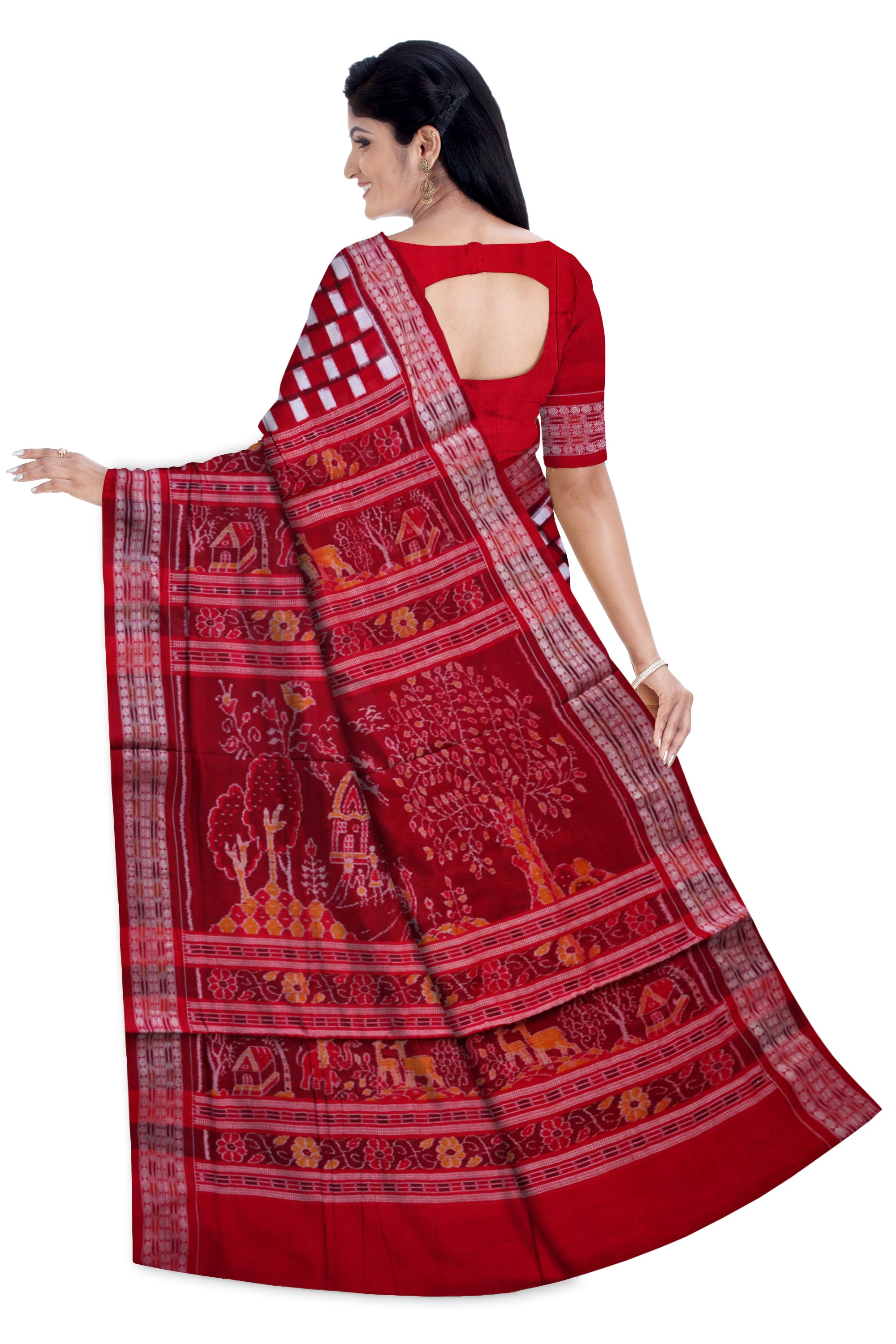 Traditional Pasapali with village pattern pure cotton saree is red color. - Koshali Arts & Crafts Enterprise