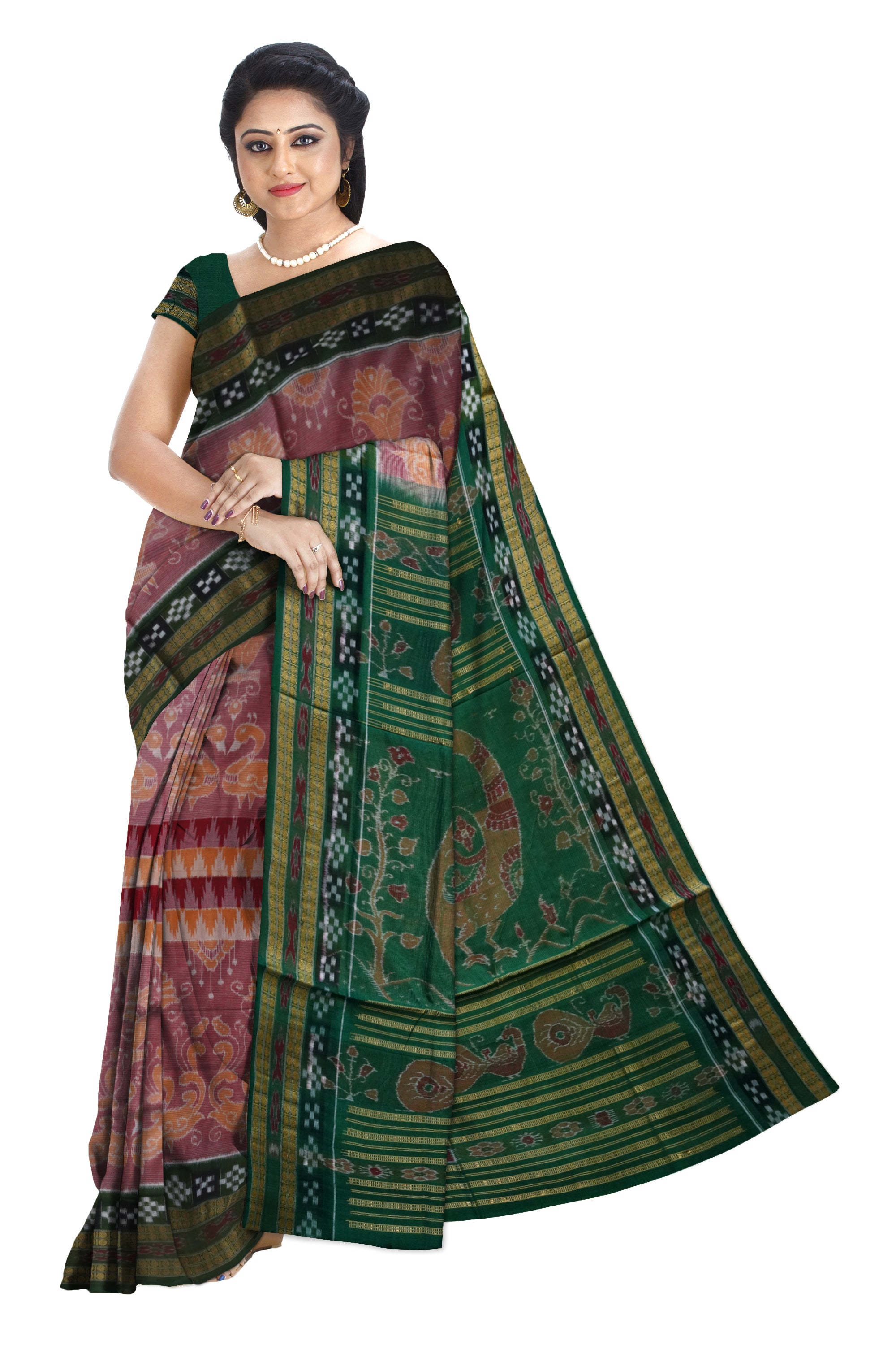 Peacock with pasapali pattern pure cotton saree is baby pink and green color base. - Koshali Arts & Crafts Enterprise