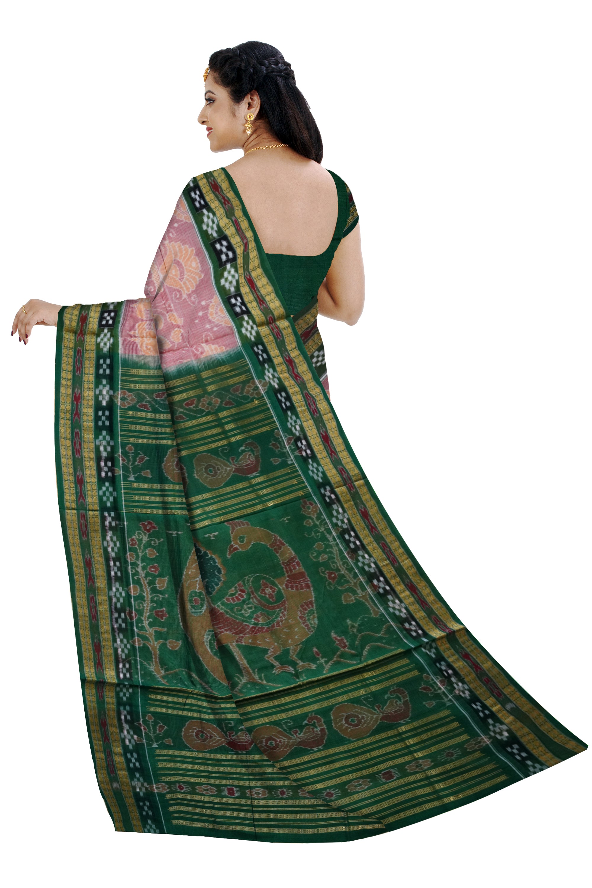 Peacock with pasapali pattern pure cotton saree is baby pink and green color base. - Koshali Arts & Crafts Enterprise