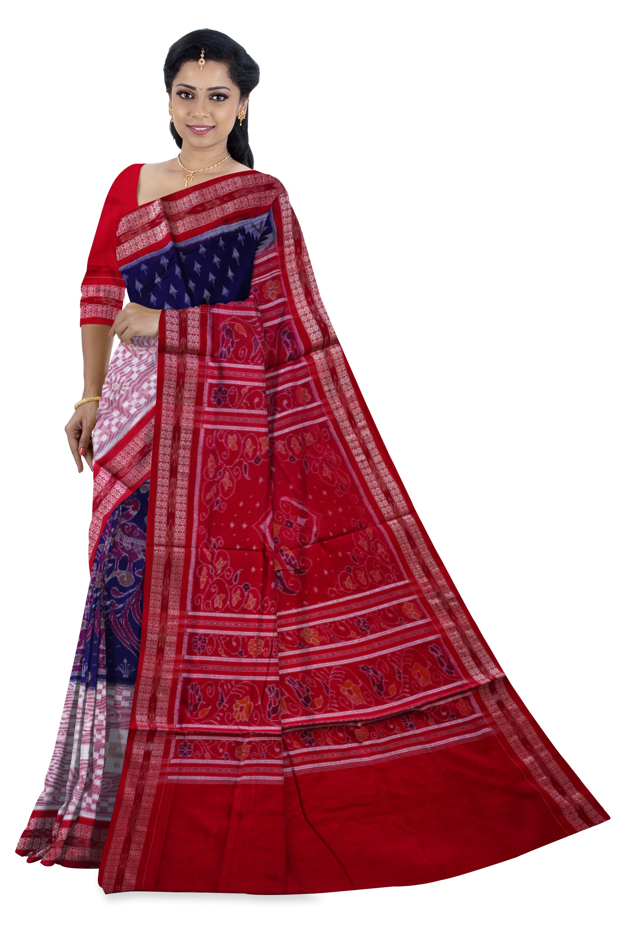 Beautiful peacock with pasapali pattern blue and red color pure cotton saree. - Koshali Arts & Crafts Enterprise