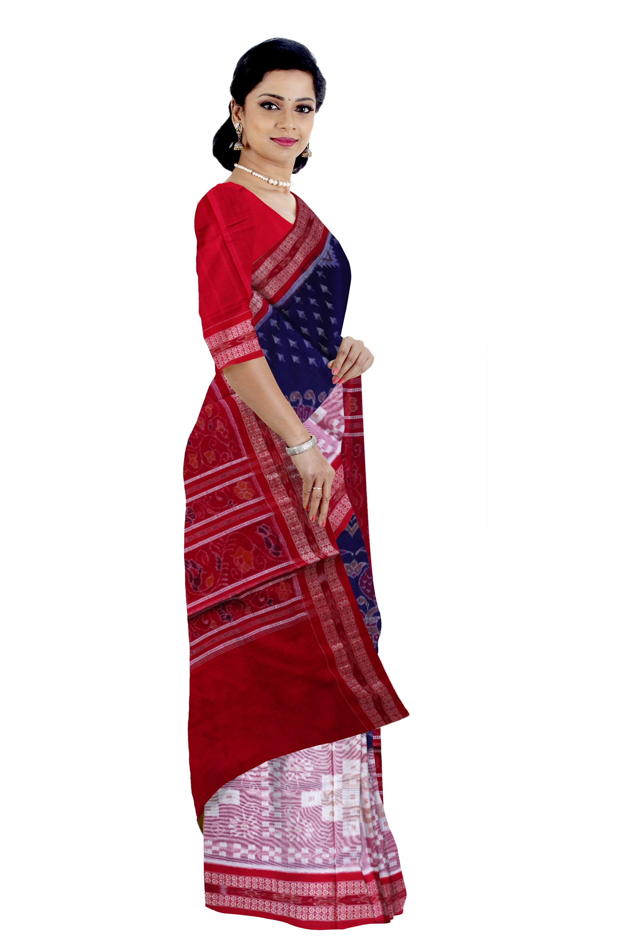 Beautiful peacock with pasapali pattern blue and red color pure cotton saree. - Koshali Arts & Crafts Enterprise