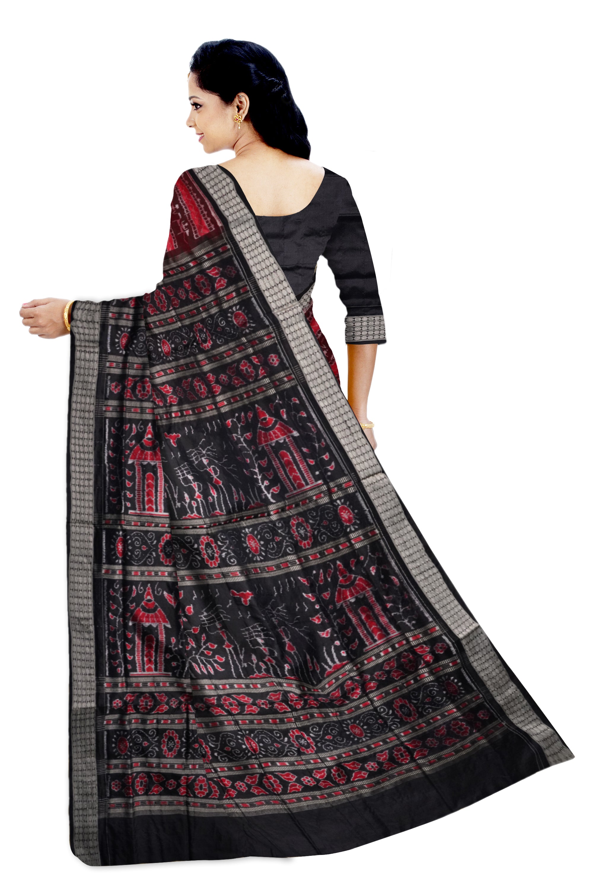 Red and black color terracotta pattern pure silk saree. - Koshali Arts & Crafts Enterprise