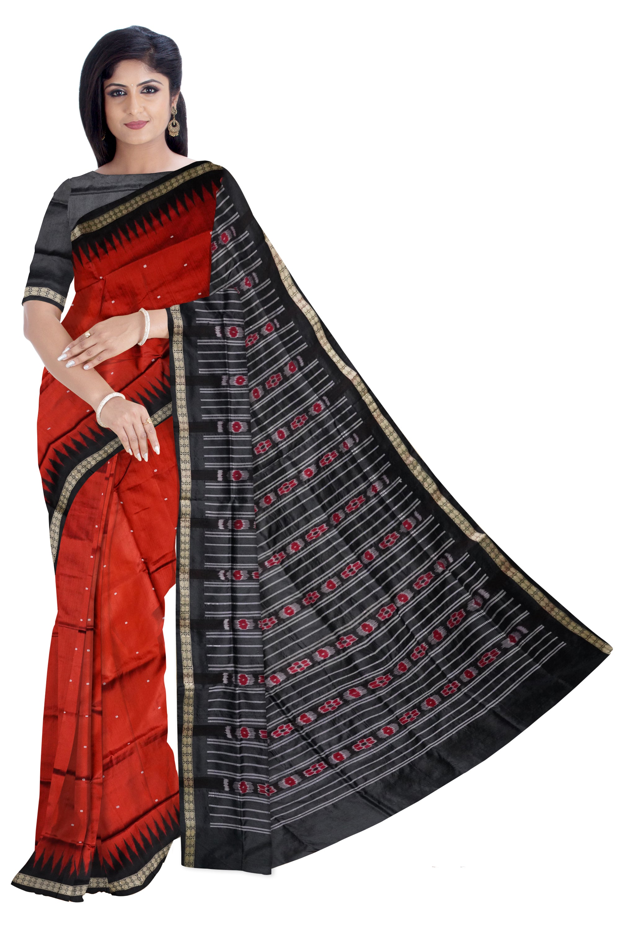 Small booty pattern plain pata saree is light maroon and black color . - Koshali Arts & Crafts Enterprise