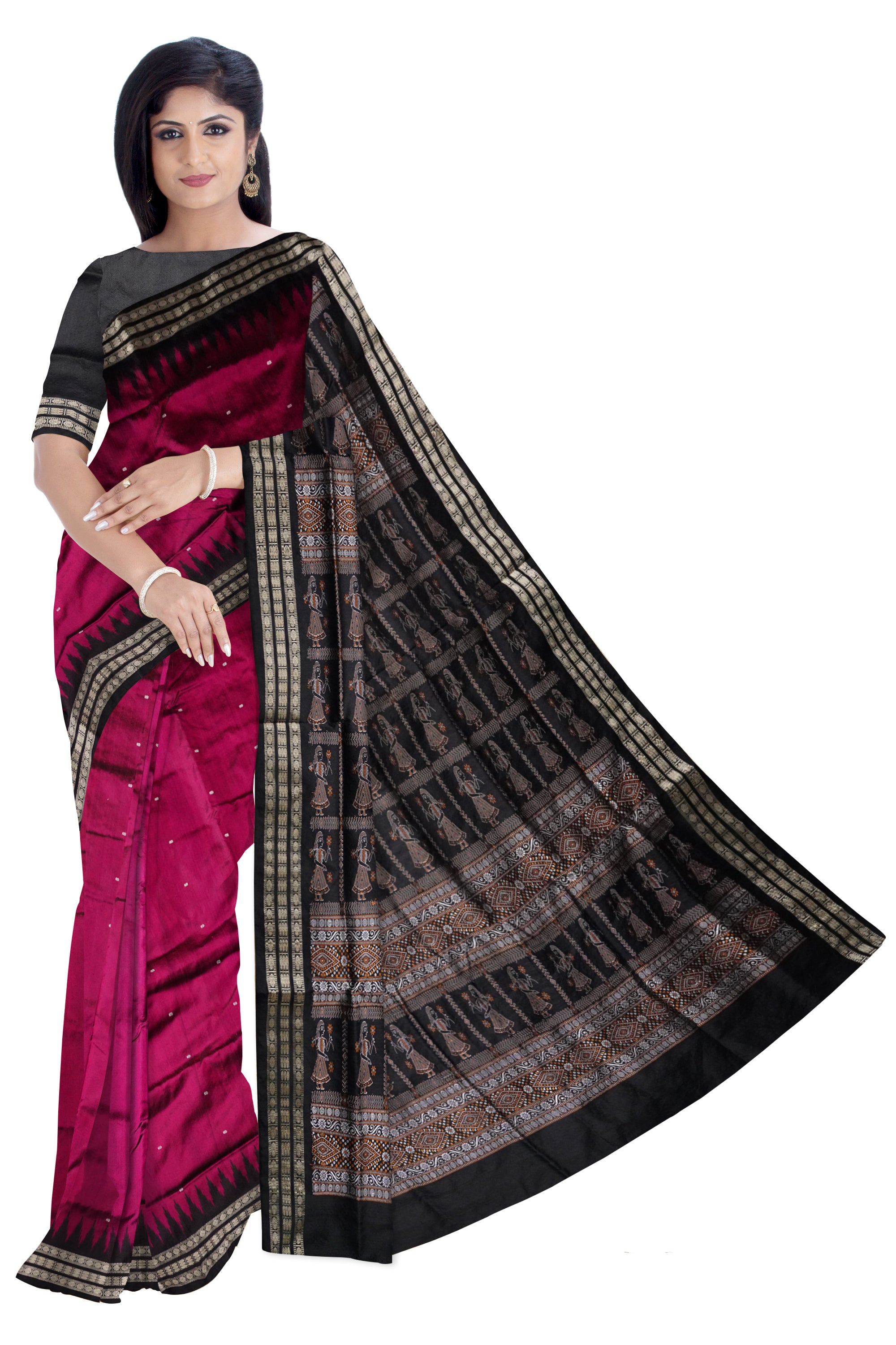 Pallu doll pattern plain pata saree is deep-pink and black color base. - Koshali Arts & Crafts Enterprise