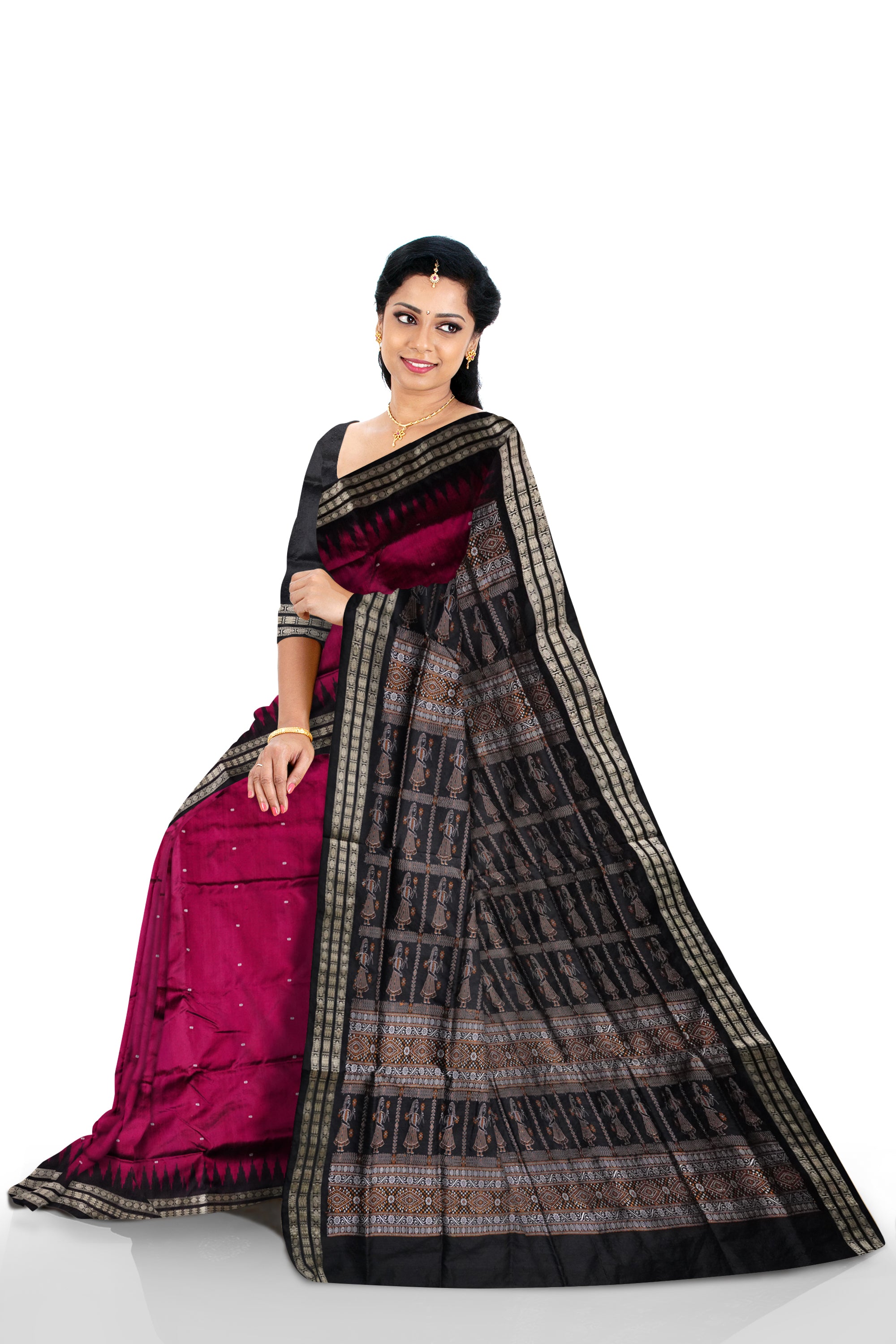 Pallu doll pattern plain pata saree is deep-pink and black color base. - Koshali Arts & Crafts Enterprise