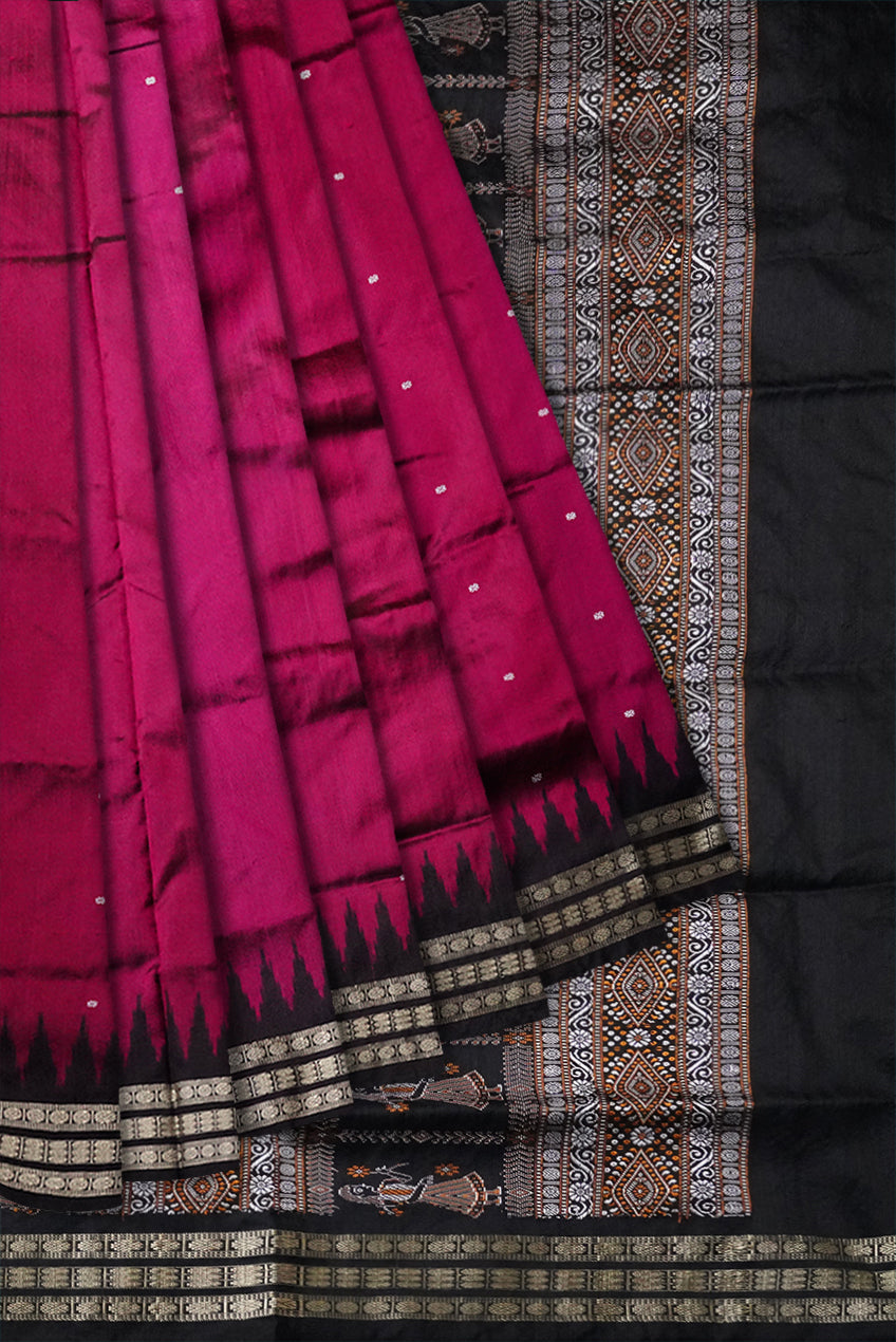Pallu doll pattern plain pata saree is deep-pink and black color base. - Koshali Arts & Crafts Enterprise