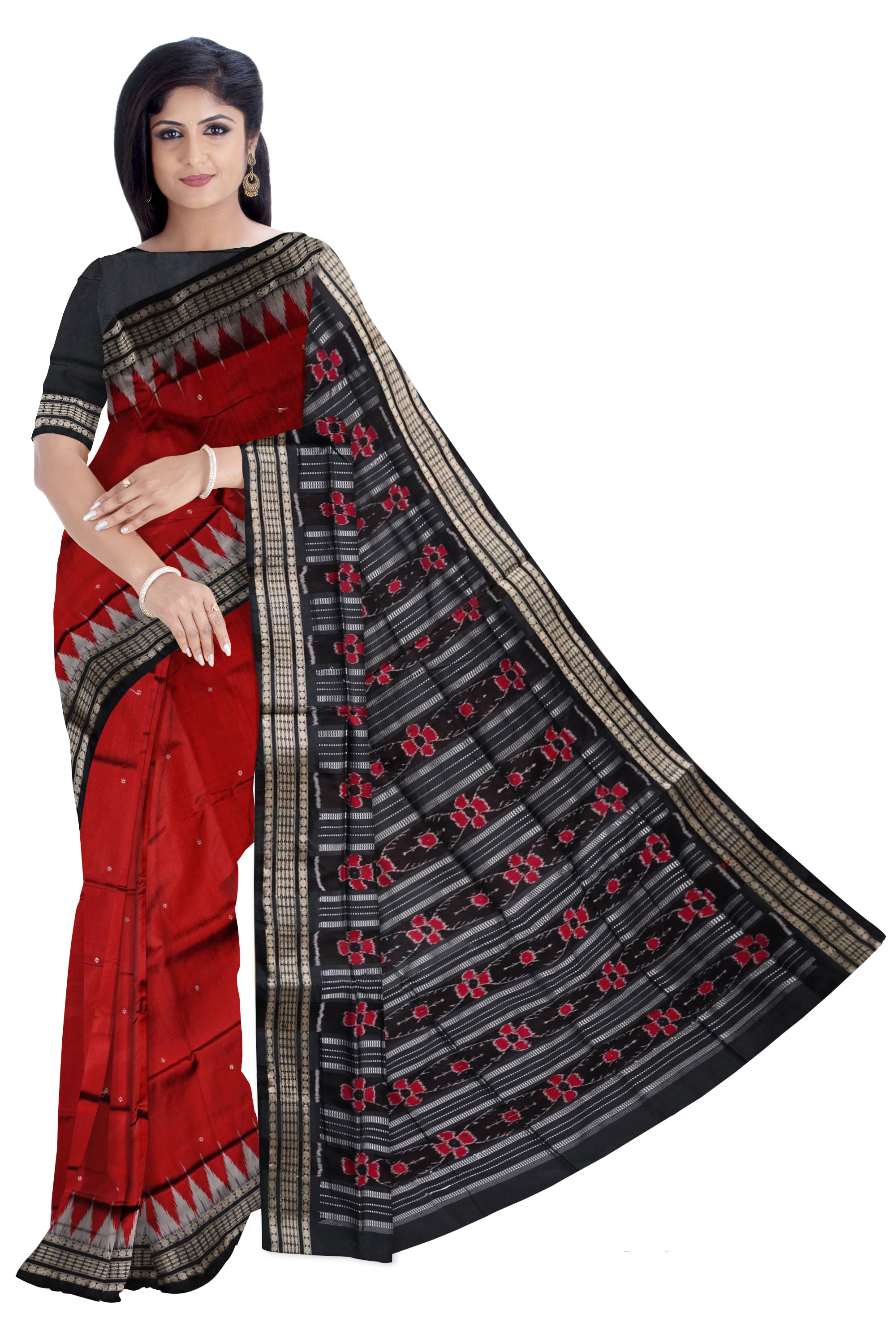 Maroon & black color small booty pattern plain pata saree. - Koshali Arts & Crafts Enterprise