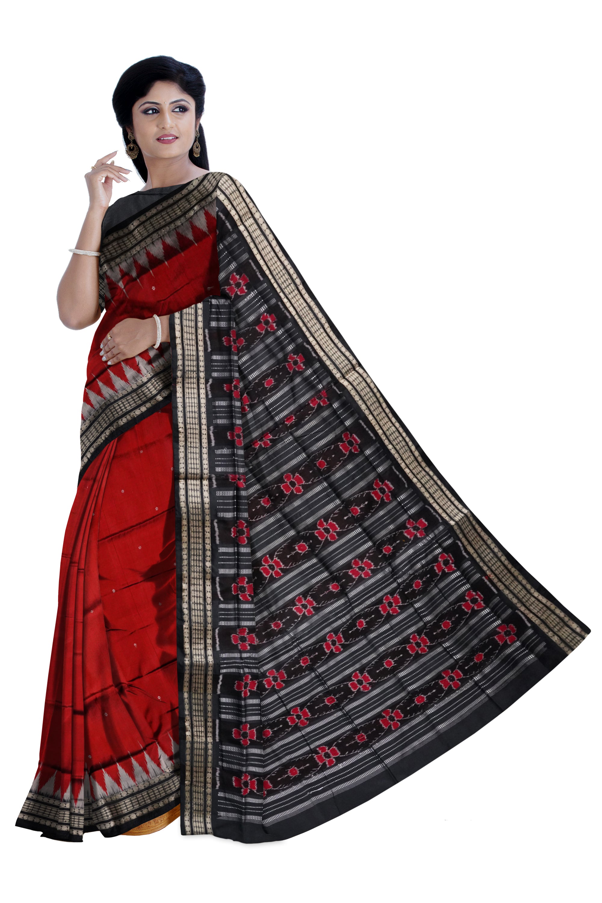 Maroon & black color small booty pattern plain pata saree. - Koshali Arts & Crafts Enterprise