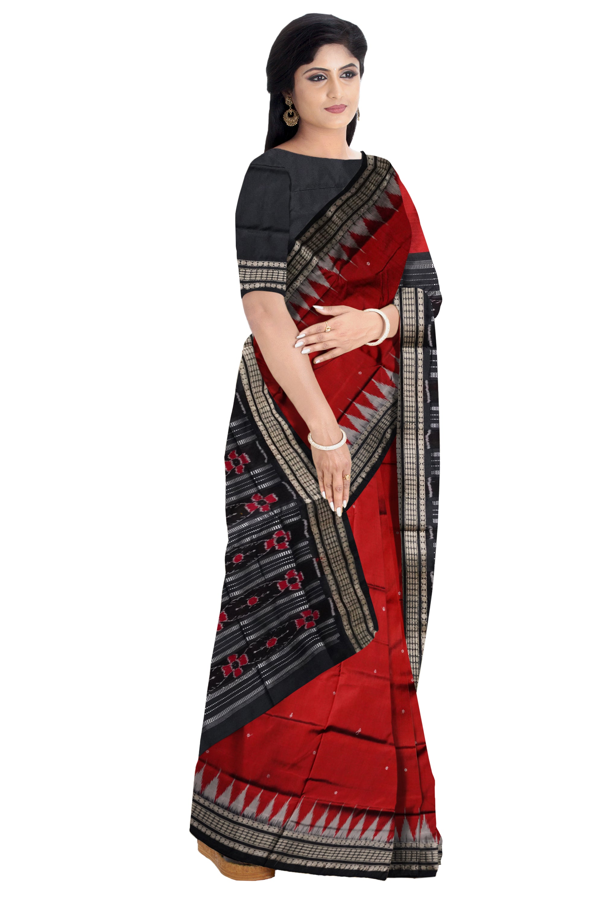Maroon & black color small booty pattern plain pata saree. - Koshali Arts & Crafts Enterprise