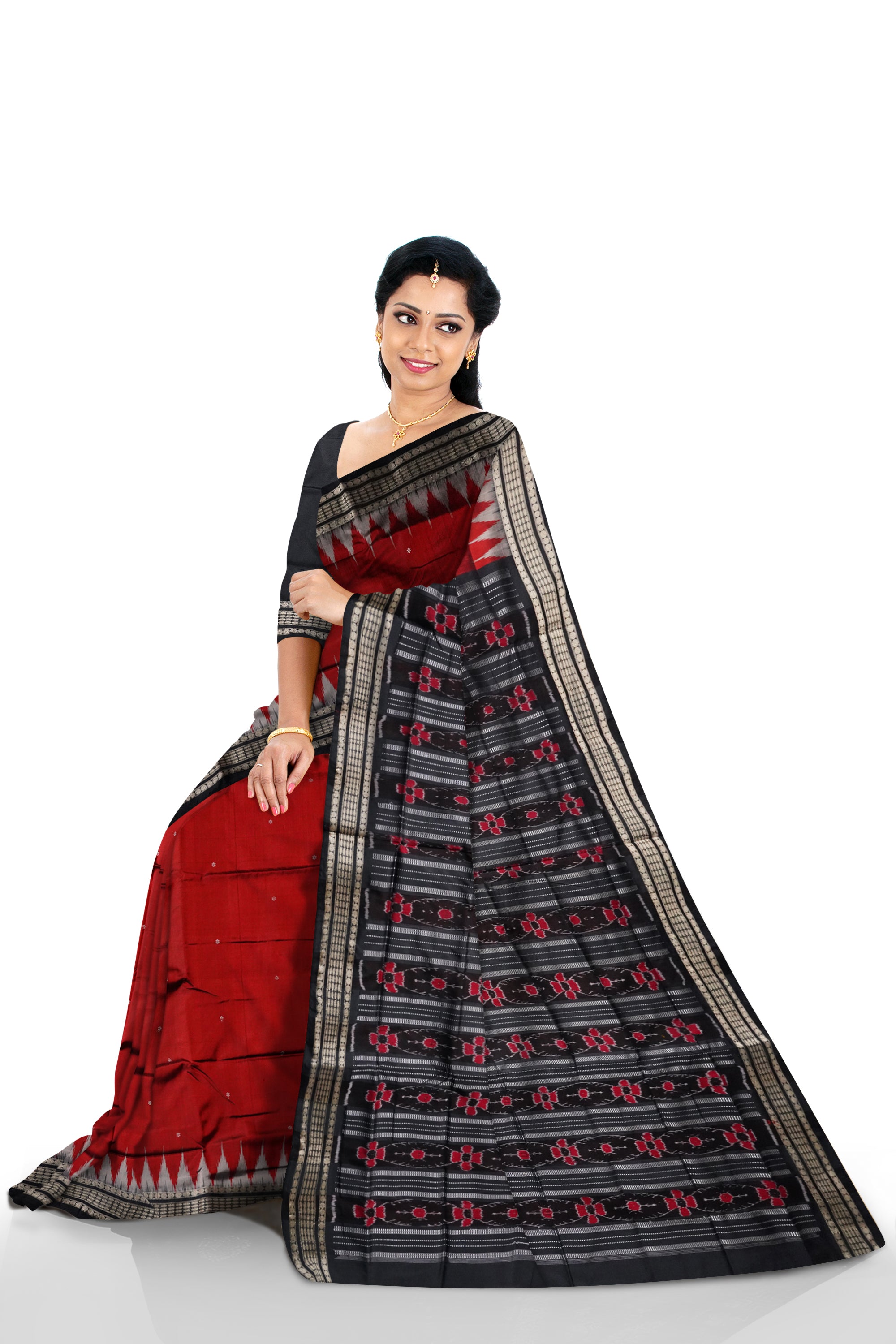 Maroon & black color small booty pattern plain pata saree. - Koshali Arts & Crafts Enterprise