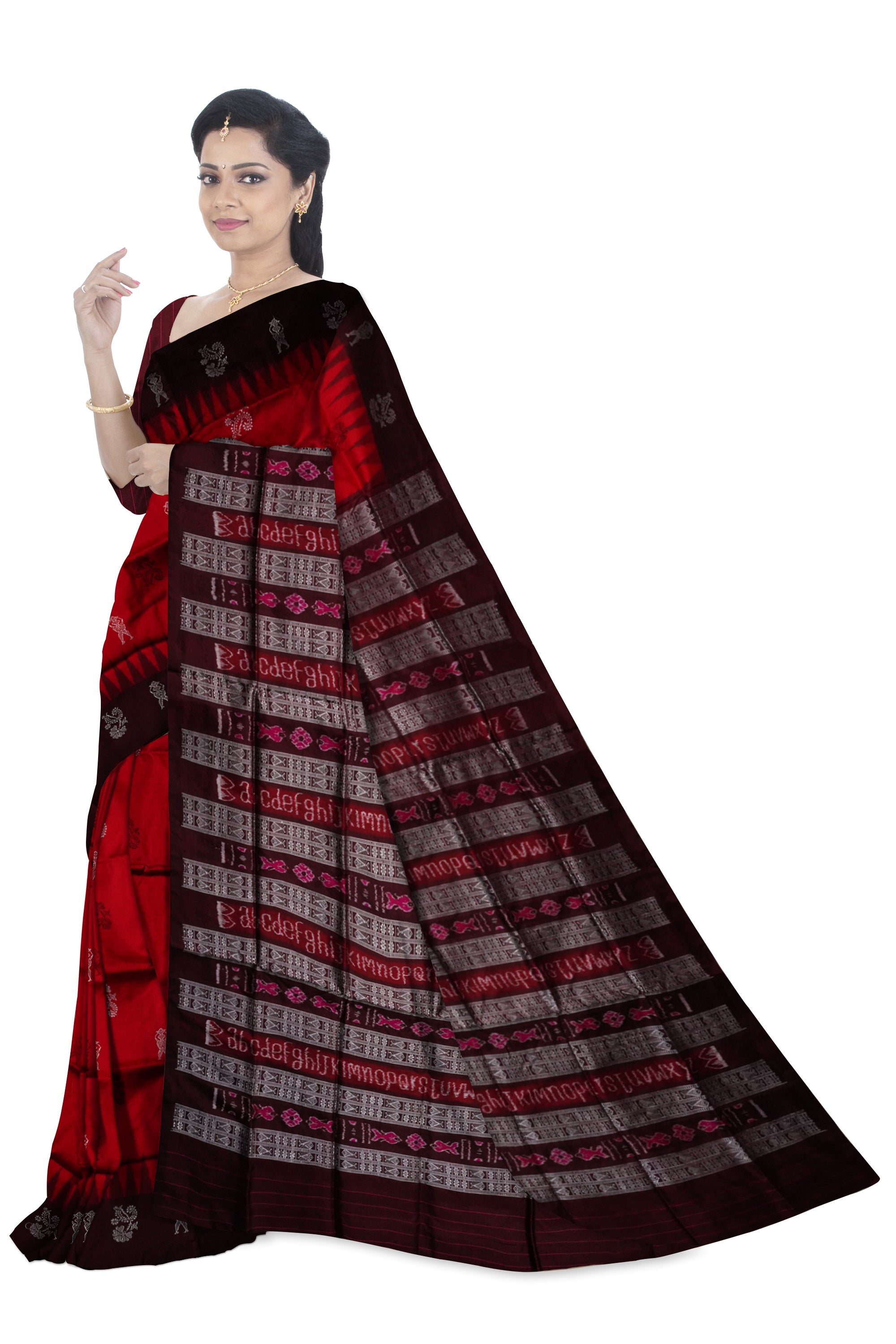 Maroon & coffee color plain border with small terracotta pattern pure silk saree. - Koshali Arts & Crafts Enterprise