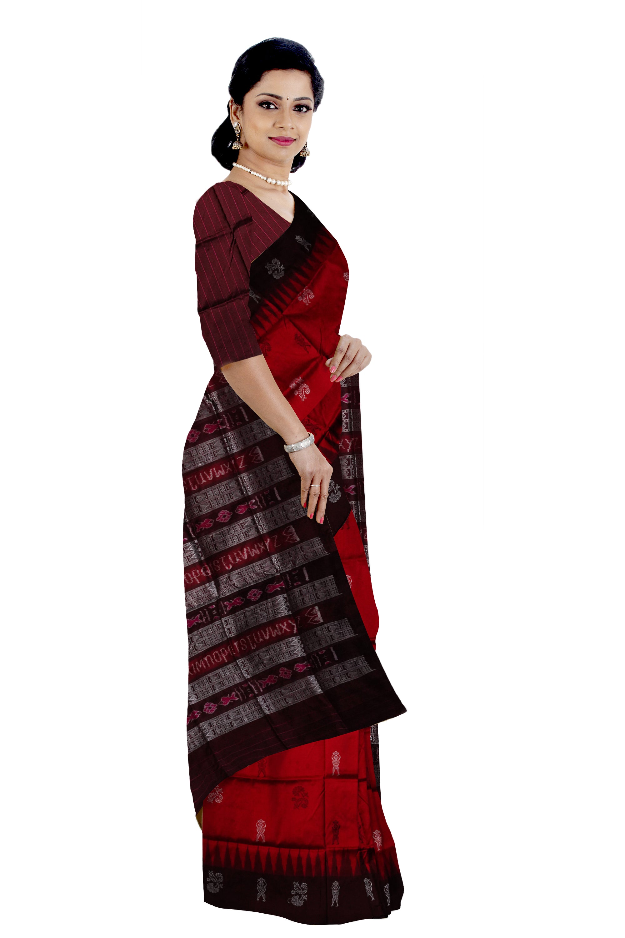Maroon & coffee color plain border with small terracotta pattern pure silk saree. - Koshali Arts & Crafts Enterprise