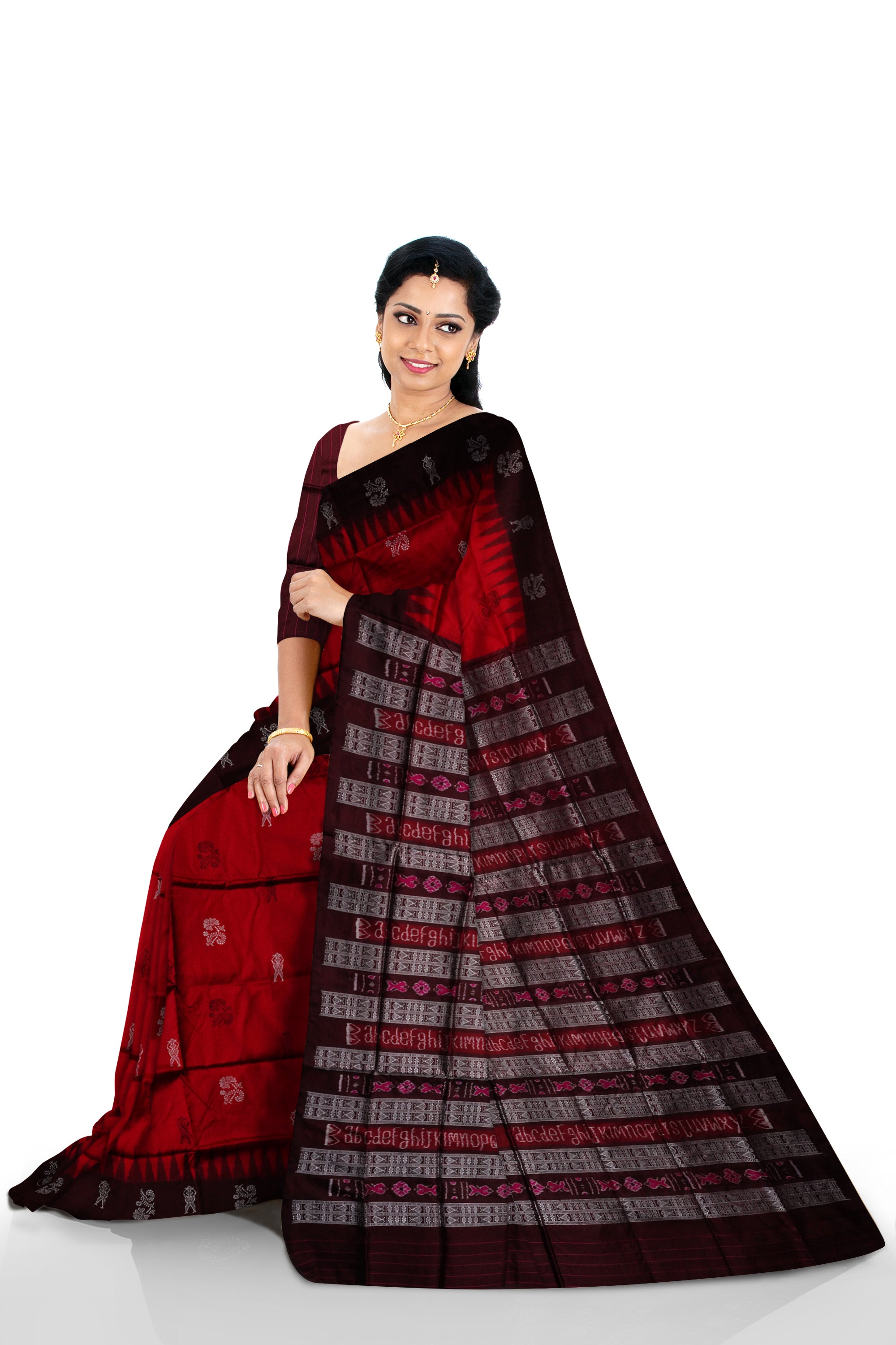 Maroon & coffee color plain border with small terracotta pattern pure silk saree. - Koshali Arts & Crafts Enterprise