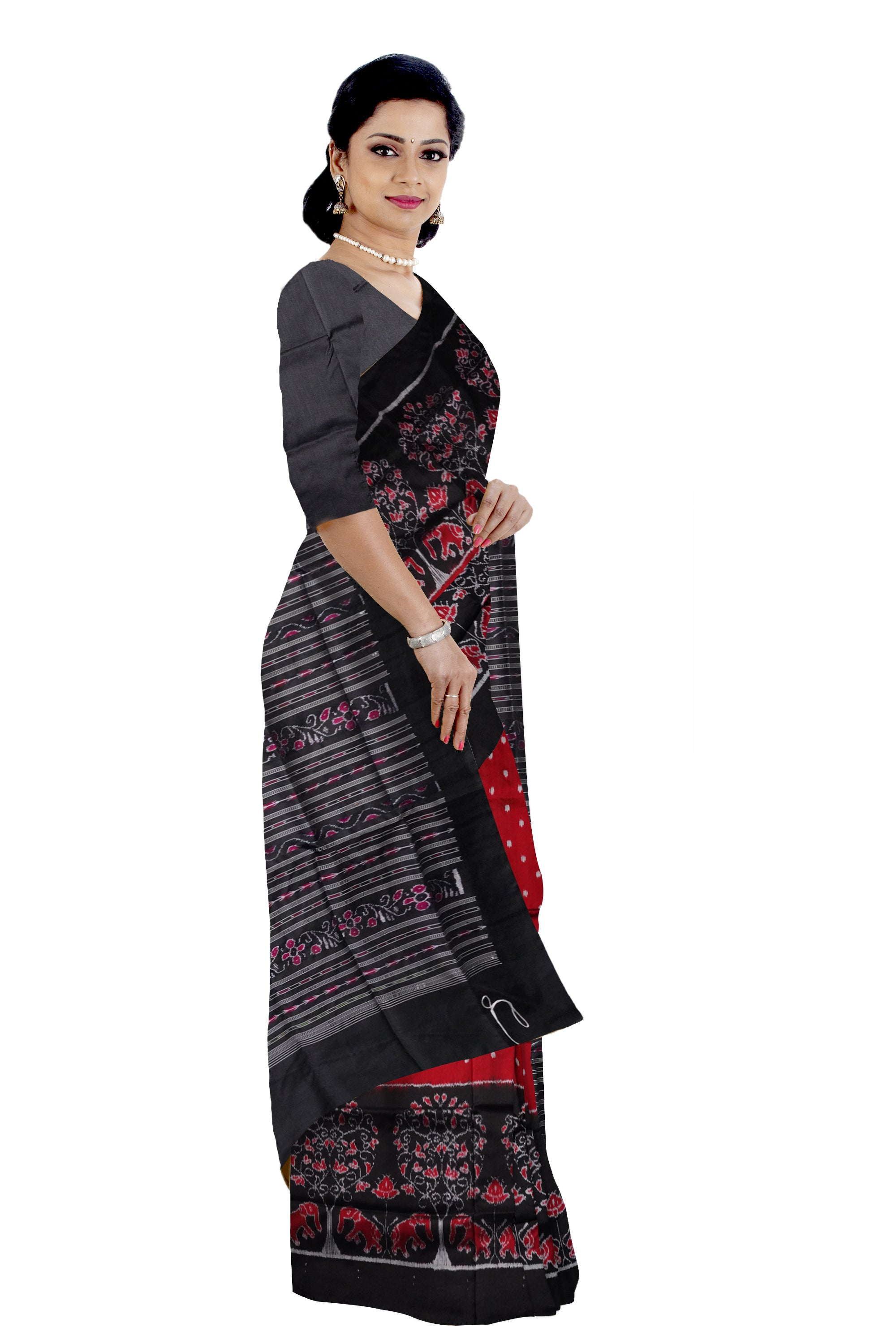 Traditional tree with elephant pattern pata saree is maroon & black color. - Koshali Arts & Crafts Enterprise