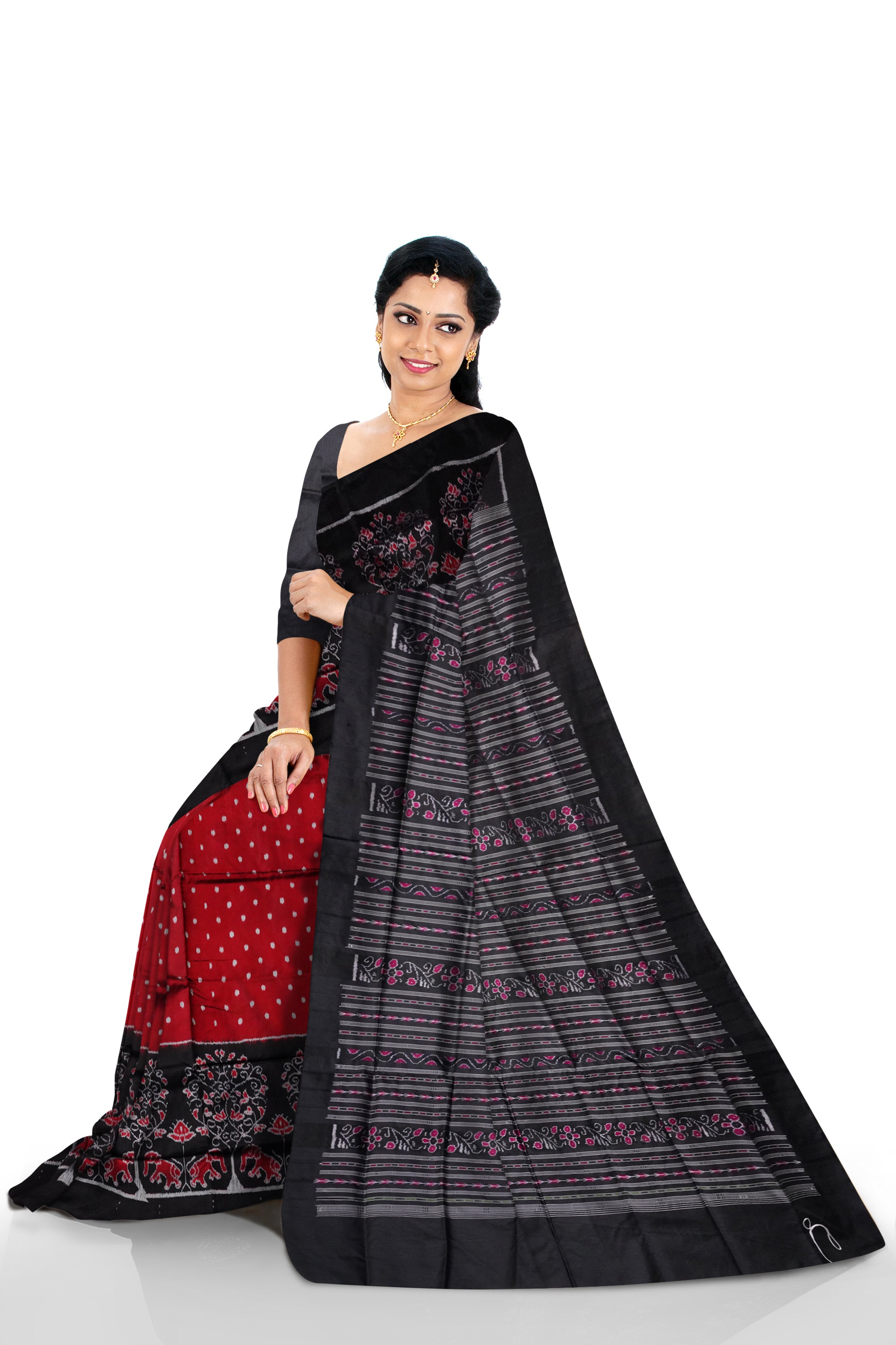 Traditional tree with elephant pattern pata saree is maroon & black color. - Koshali Arts & Crafts Enterprise