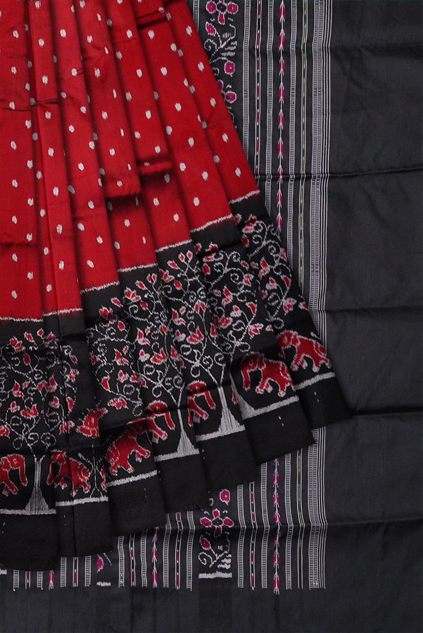 Traditional tree with elephant pattern pata saree is maroon & black color. - Koshali Arts & Crafts Enterprise