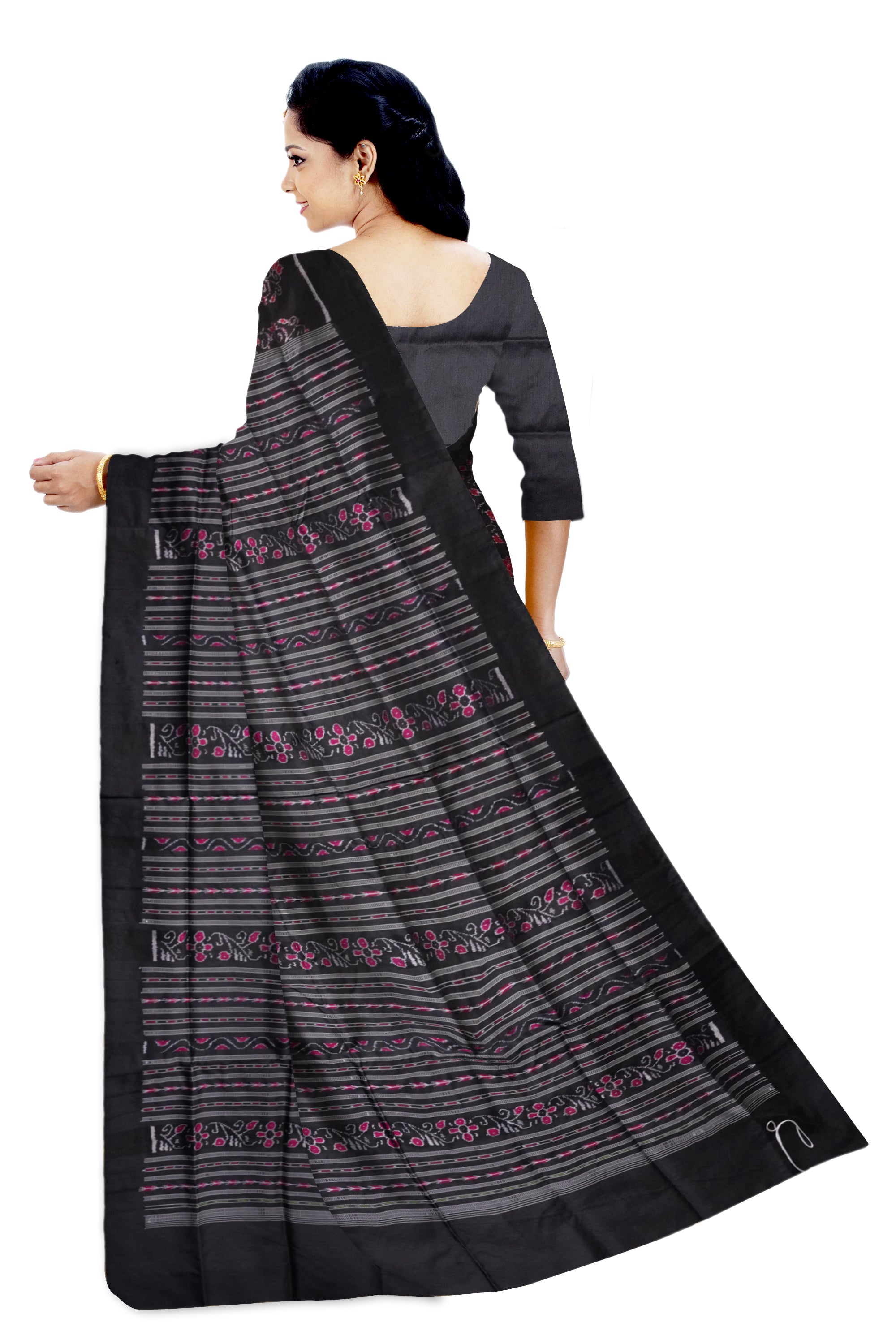Traditional tree with elephant pattern pata saree is maroon & black color. - Koshali Arts & Crafts Enterprise