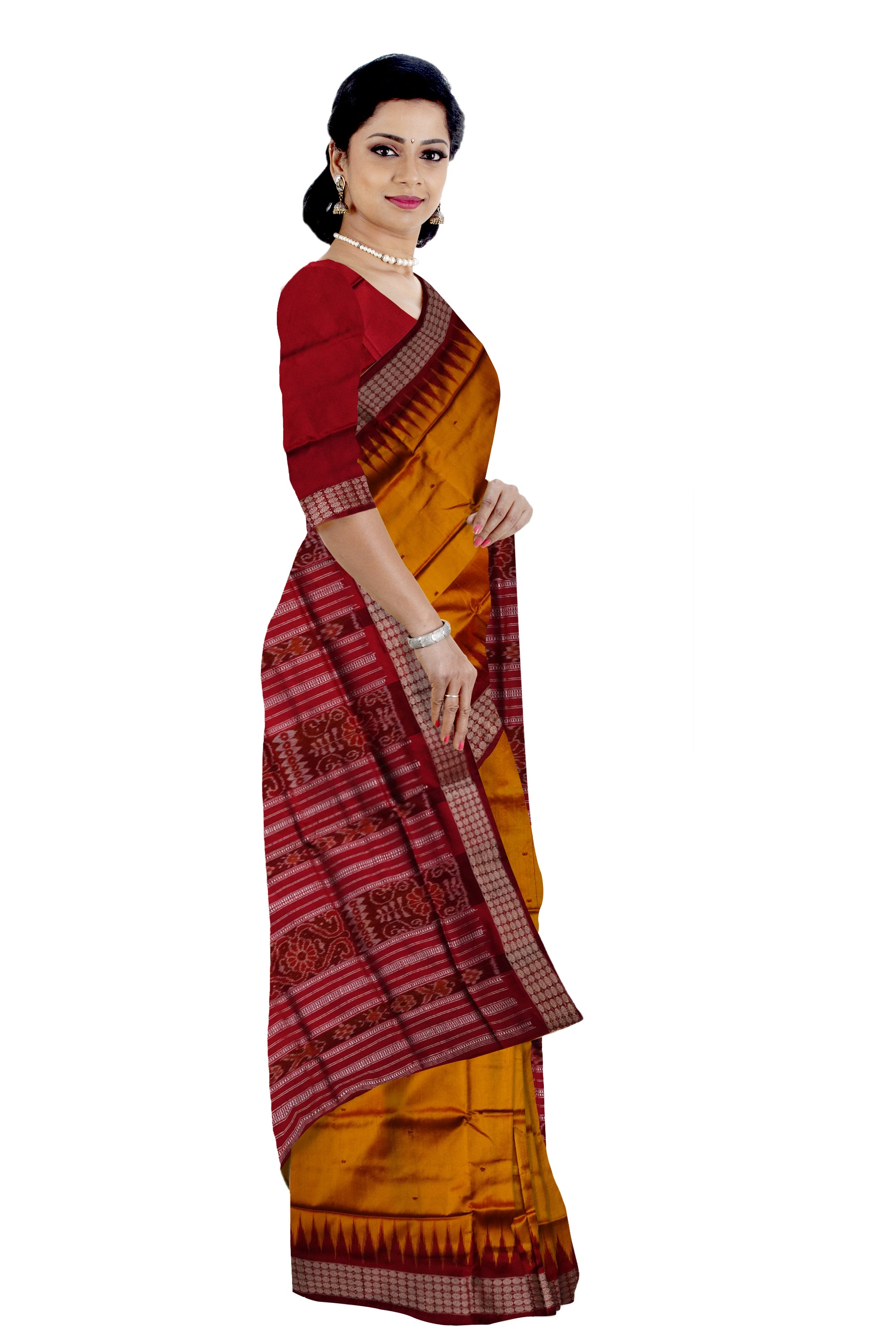 Yellow and maroon color small booty pattern plain pata saree. - Koshali Arts & Crafts Enterprise
