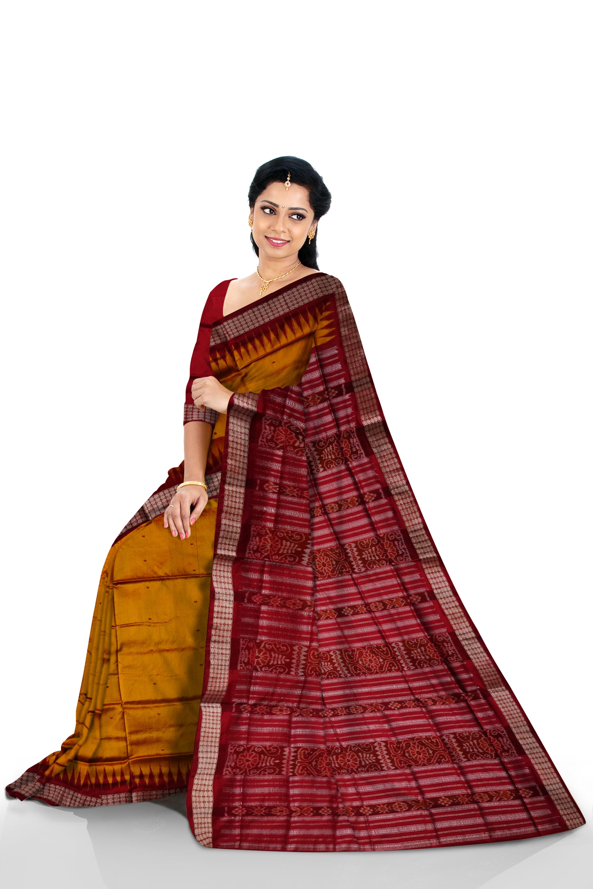 Yellow and maroon color small booty pattern plain pata saree. - Koshali Arts & Crafts Enterprise