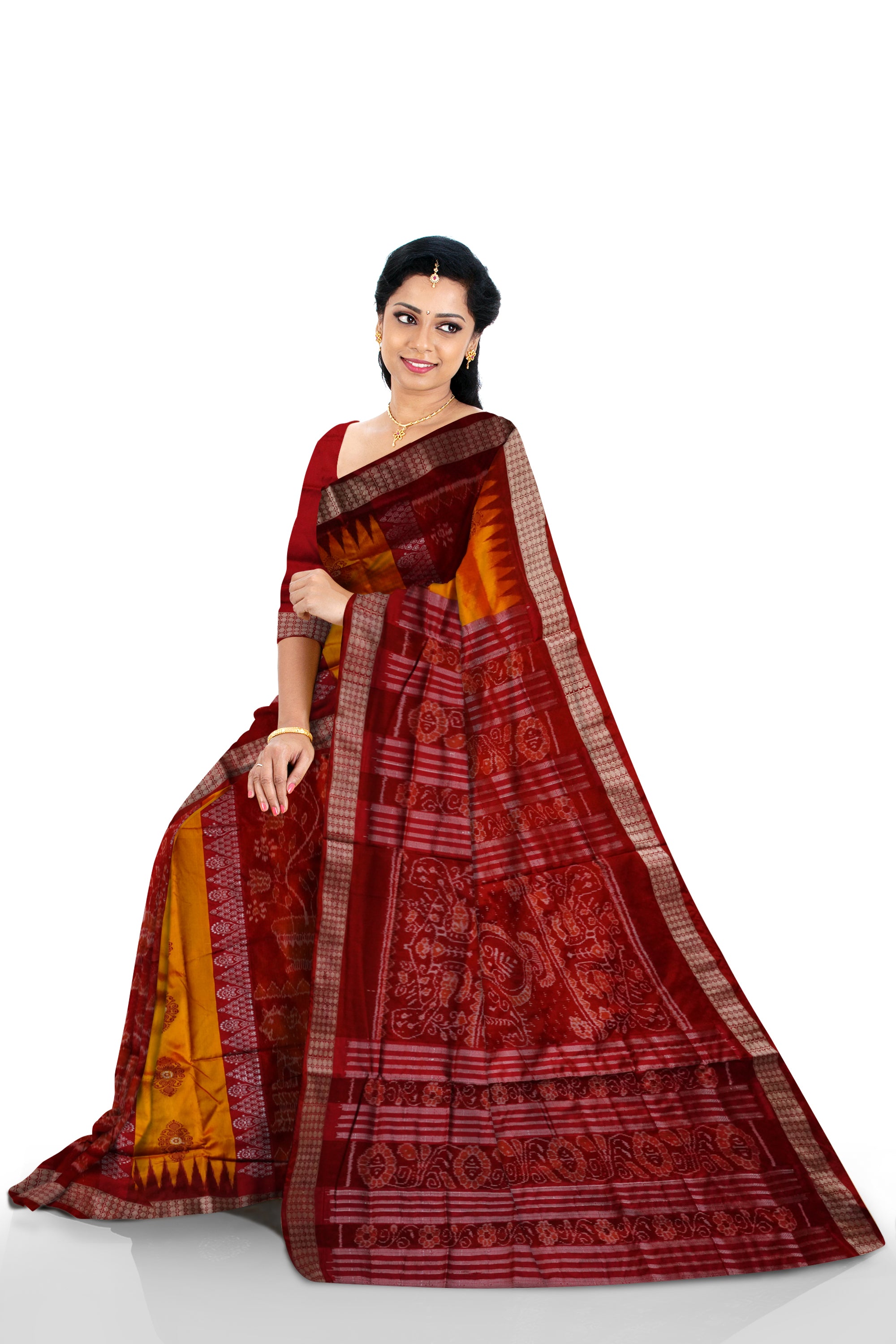 Yellow and maroon color lion with tree pattern bomkei pata saree. - Koshali Arts & Crafts Enterprise