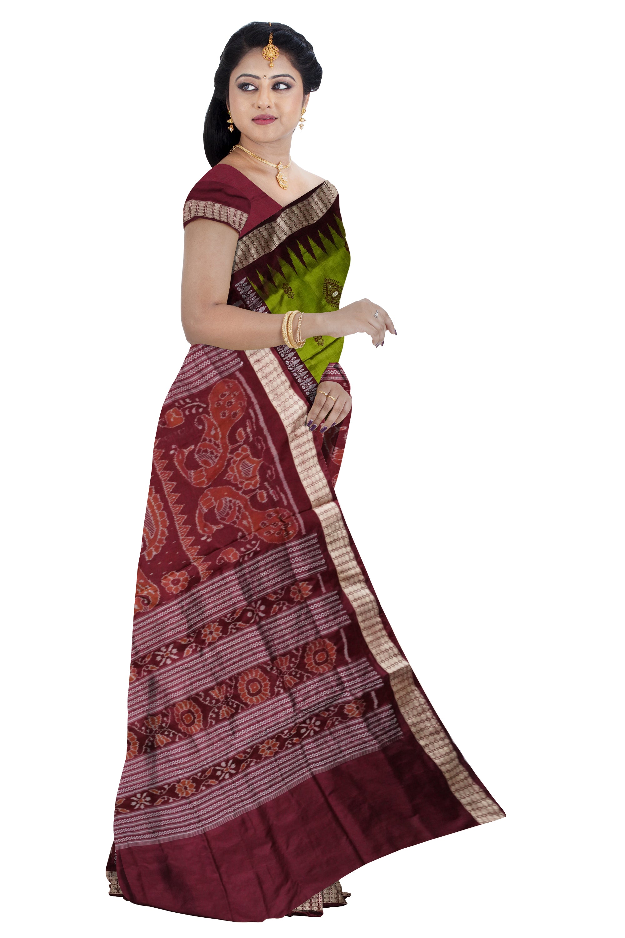 Light green and coffee color lion with tree pattern bomkei pata saree. - Koshali Arts & Crafts Enterprise