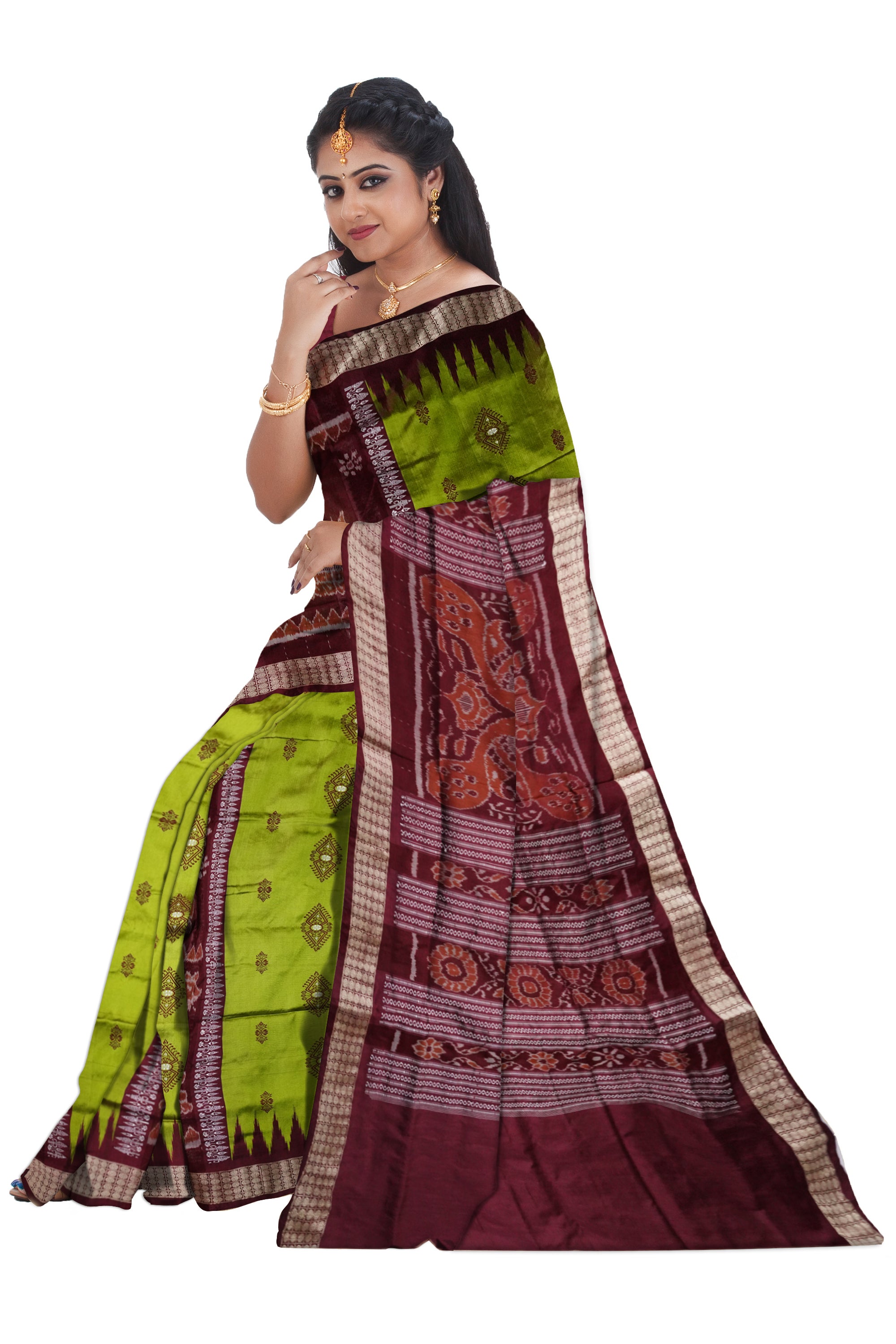 Light green and coffee color lion with tree pattern bomkei pata saree. - Koshali Arts & Crafts Enterprise