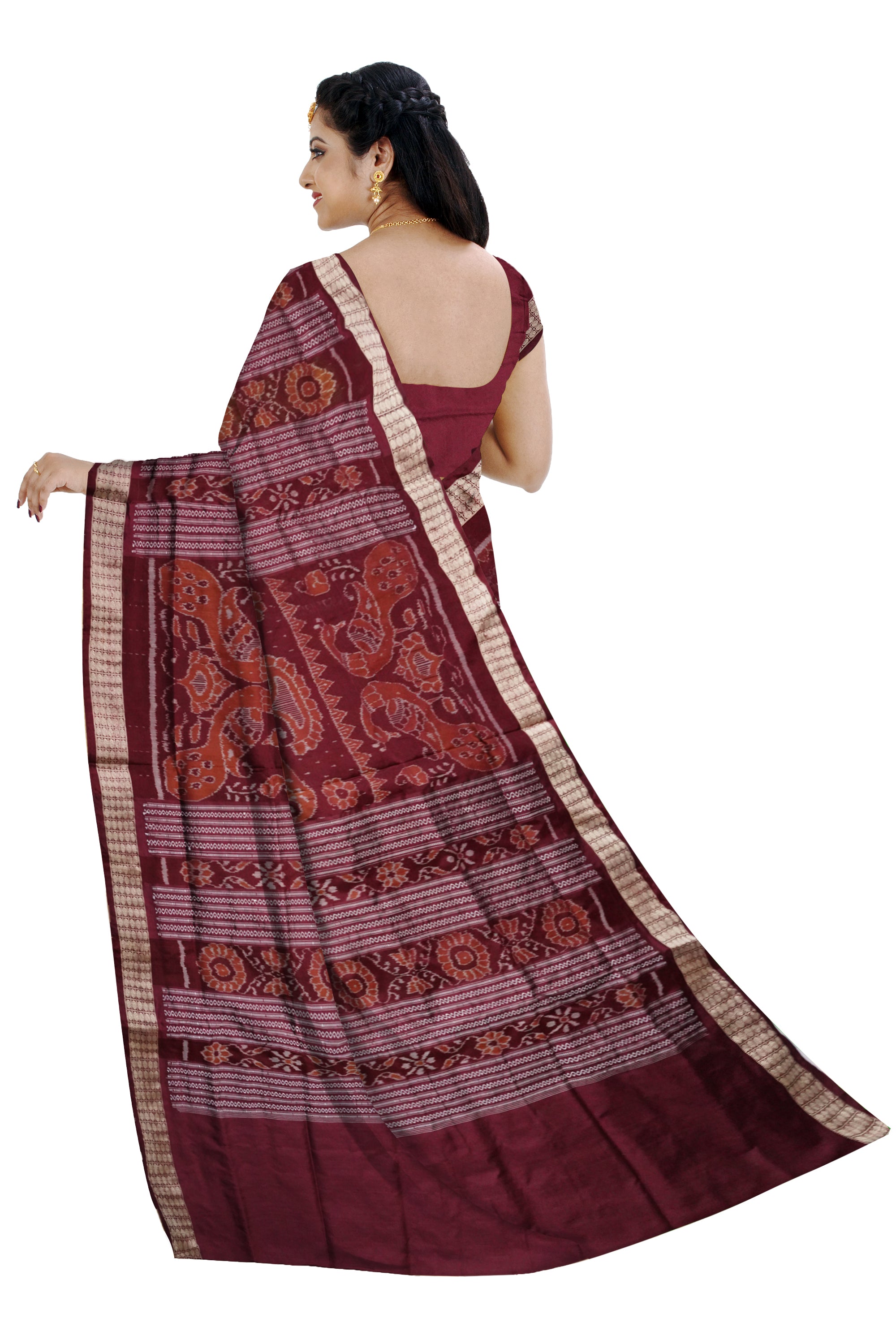 Light green and coffee color lion with tree pattern bomkei pata saree. - Koshali Arts & Crafts Enterprise