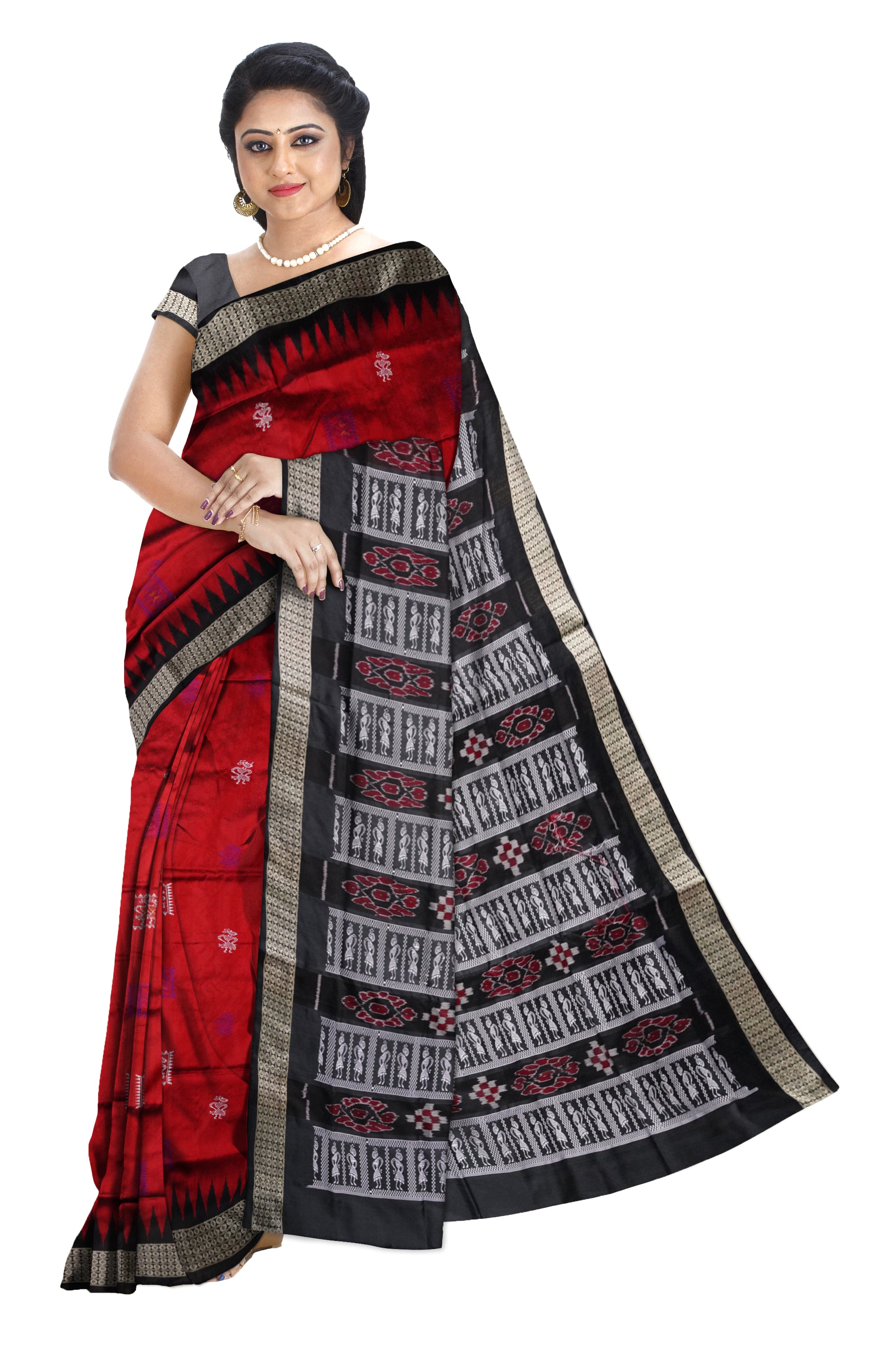 Small boxes terracotta pattern pata saree is maroon and black color . - Koshali Arts & Crafts Enterprise