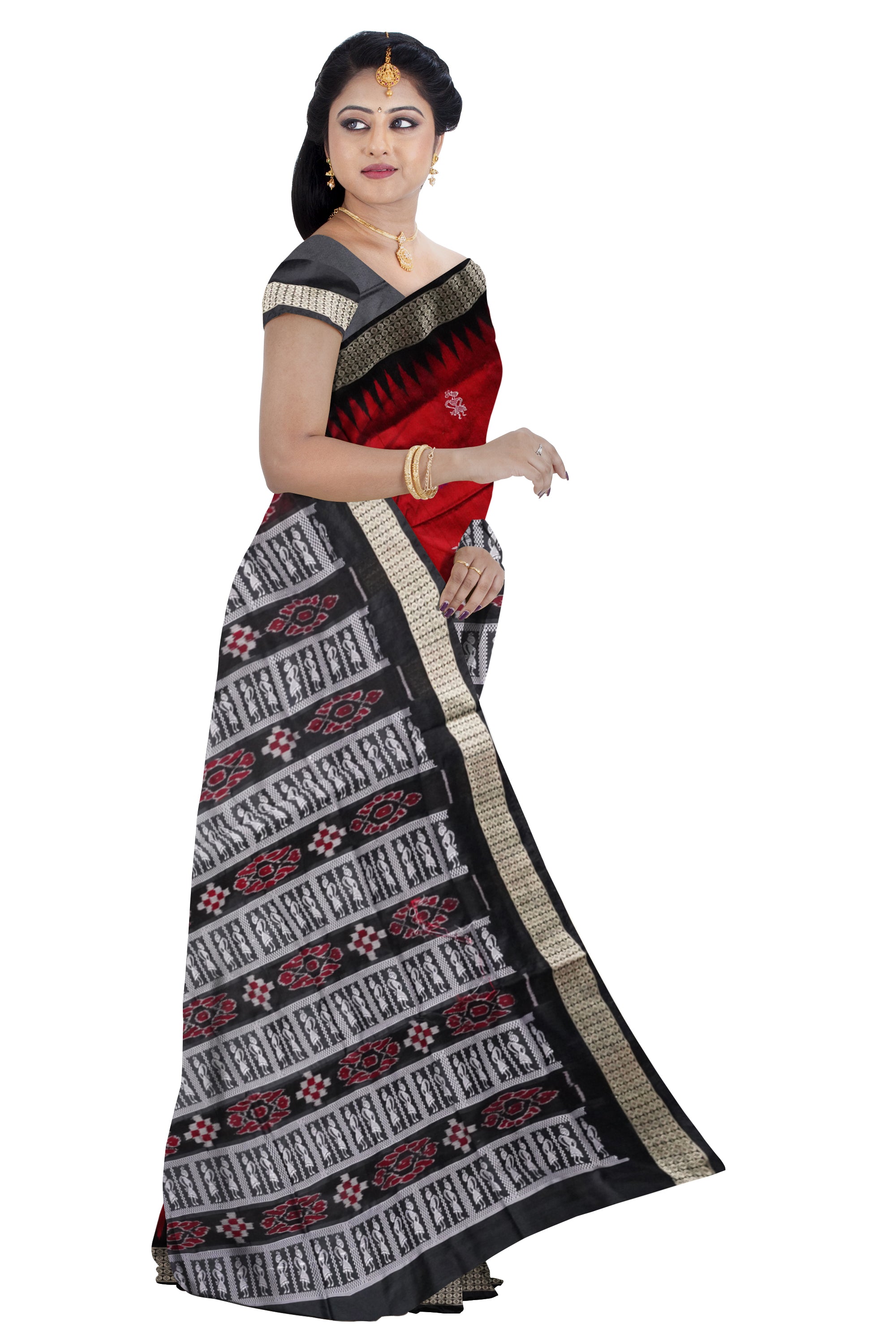 Small boxes terracotta pattern pata saree is maroon and black color . - Koshali Arts & Crafts Enterprise