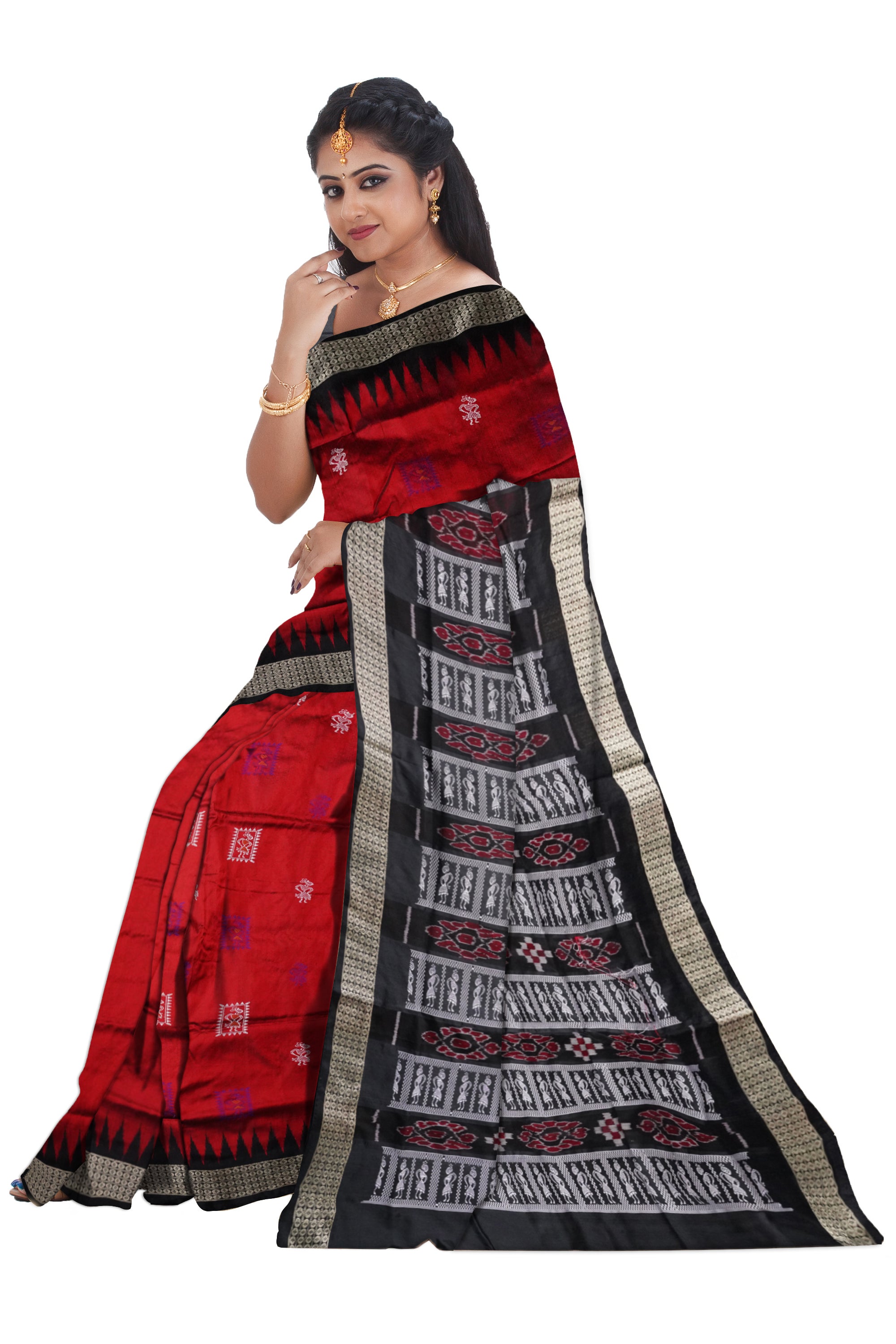 Small boxes terracotta pattern pata saree is maroon and black color . - Koshali Arts & Crafts Enterprise