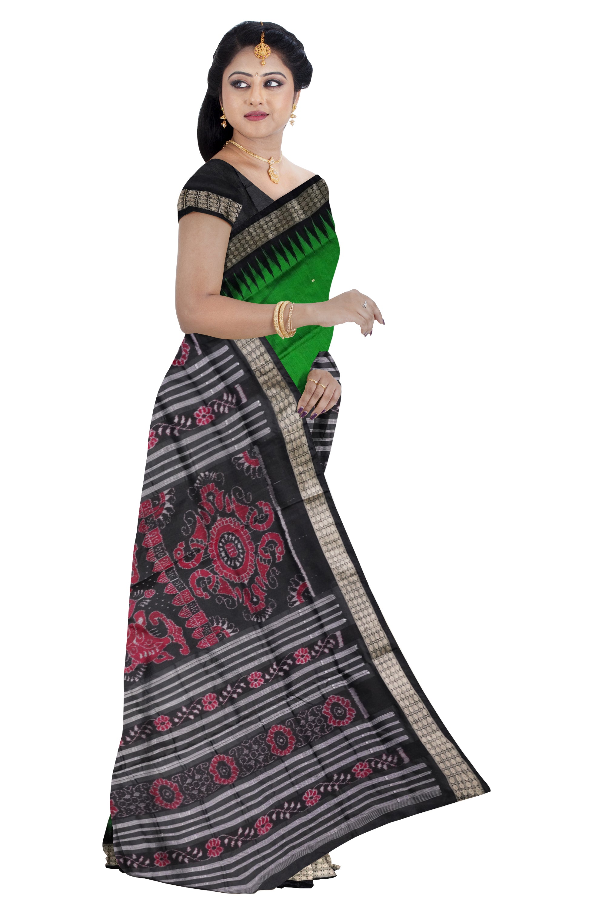 Green and black color small booty patern plain pata saree. - Koshali Arts & Crafts Enterprise