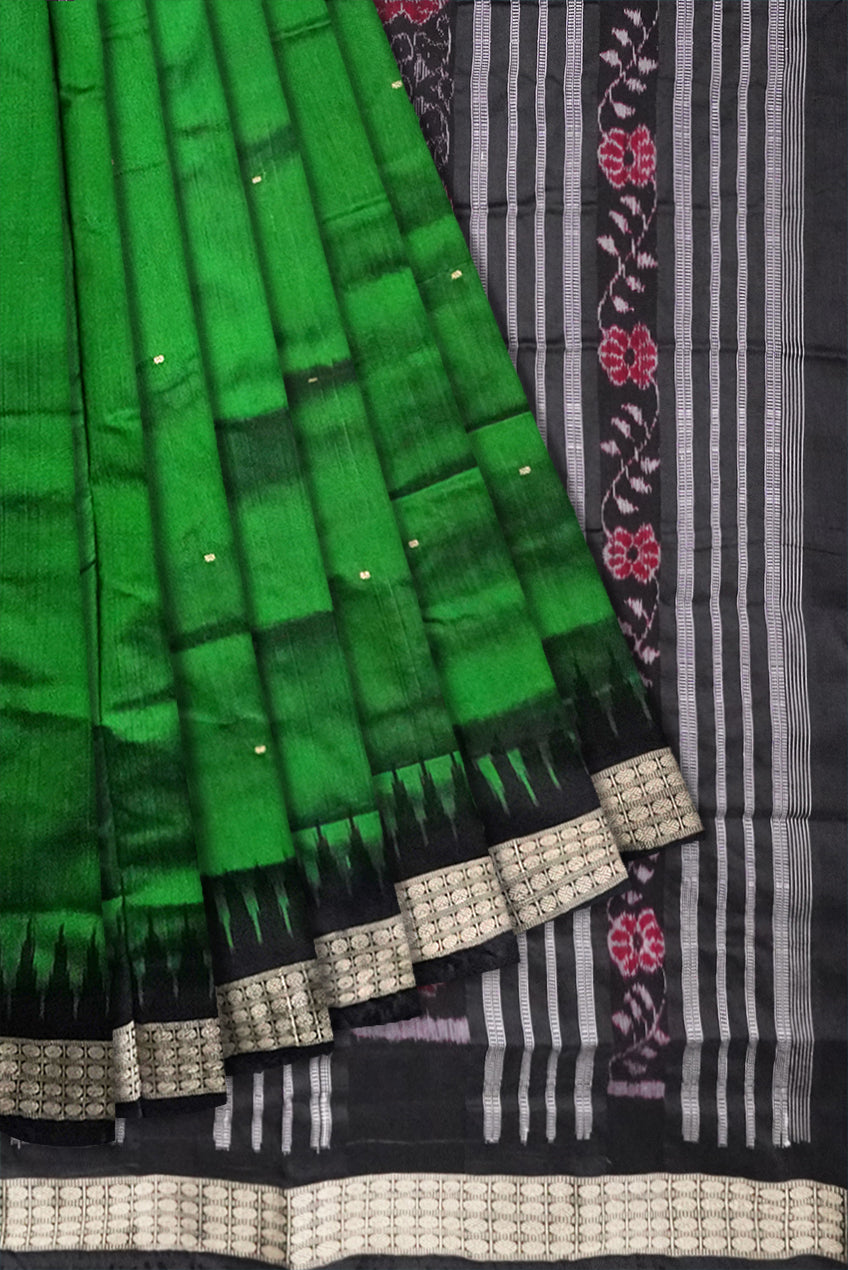 Green and black color small booty patern plain pata saree. - Koshali Arts & Crafts Enterprise