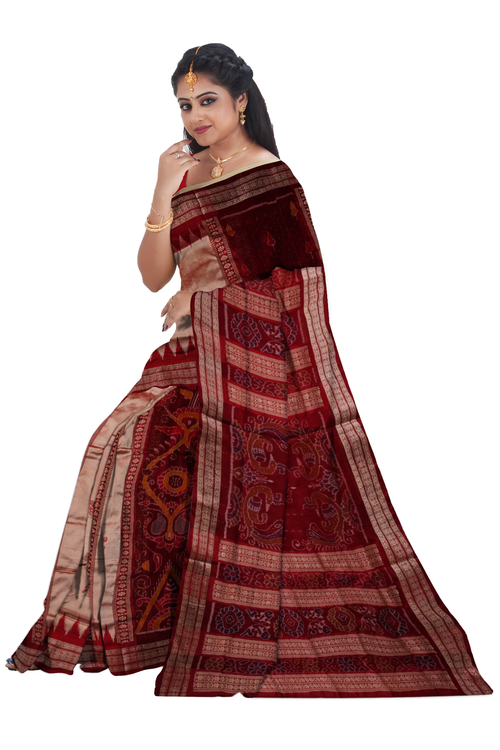 Peach & maroon color bomkei pata saree. - Koshali Arts & Crafts Enterprise