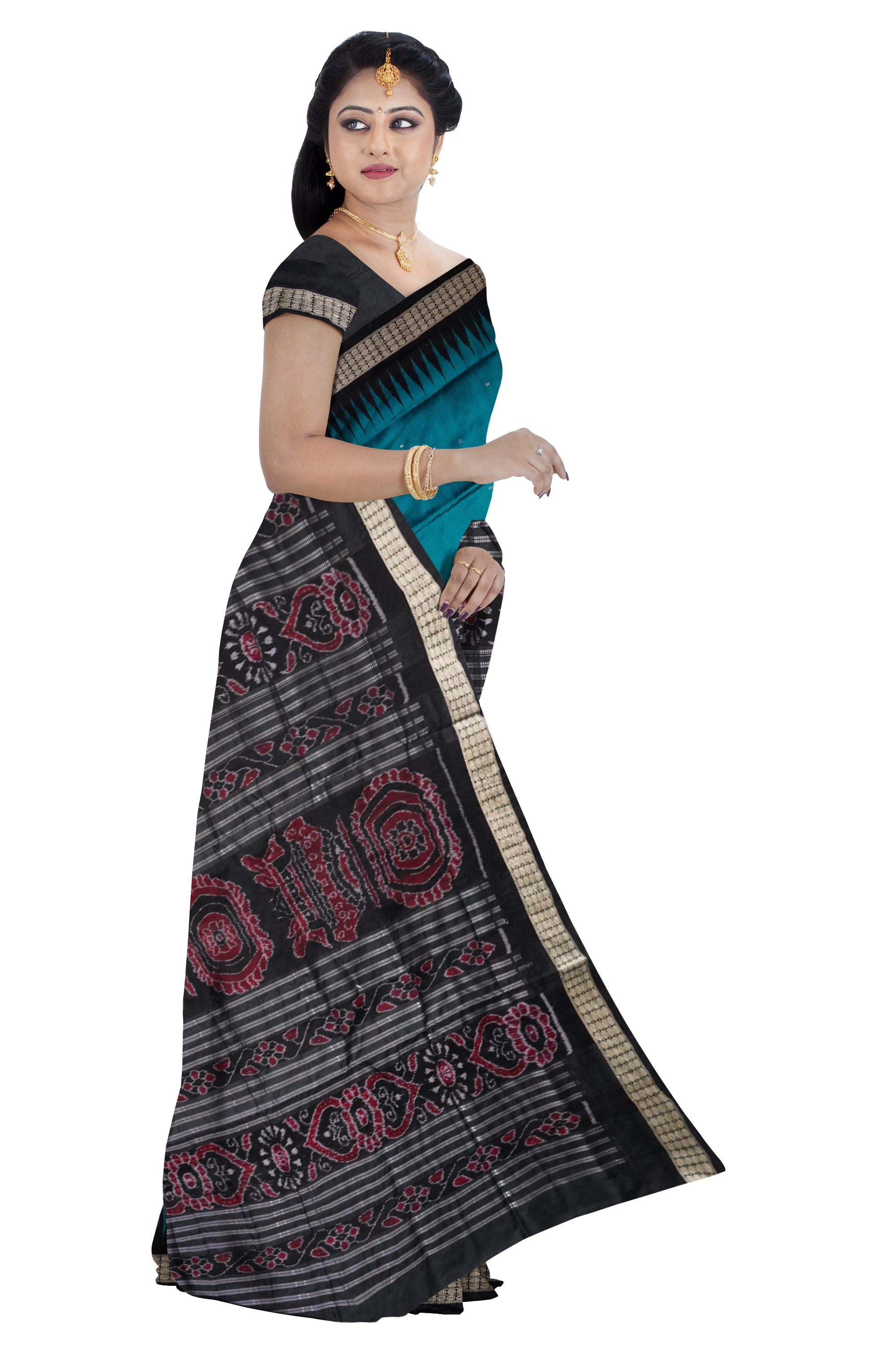 Sky-blue & Black color plain pata saree. - Koshali Arts & Crafts Enterprise