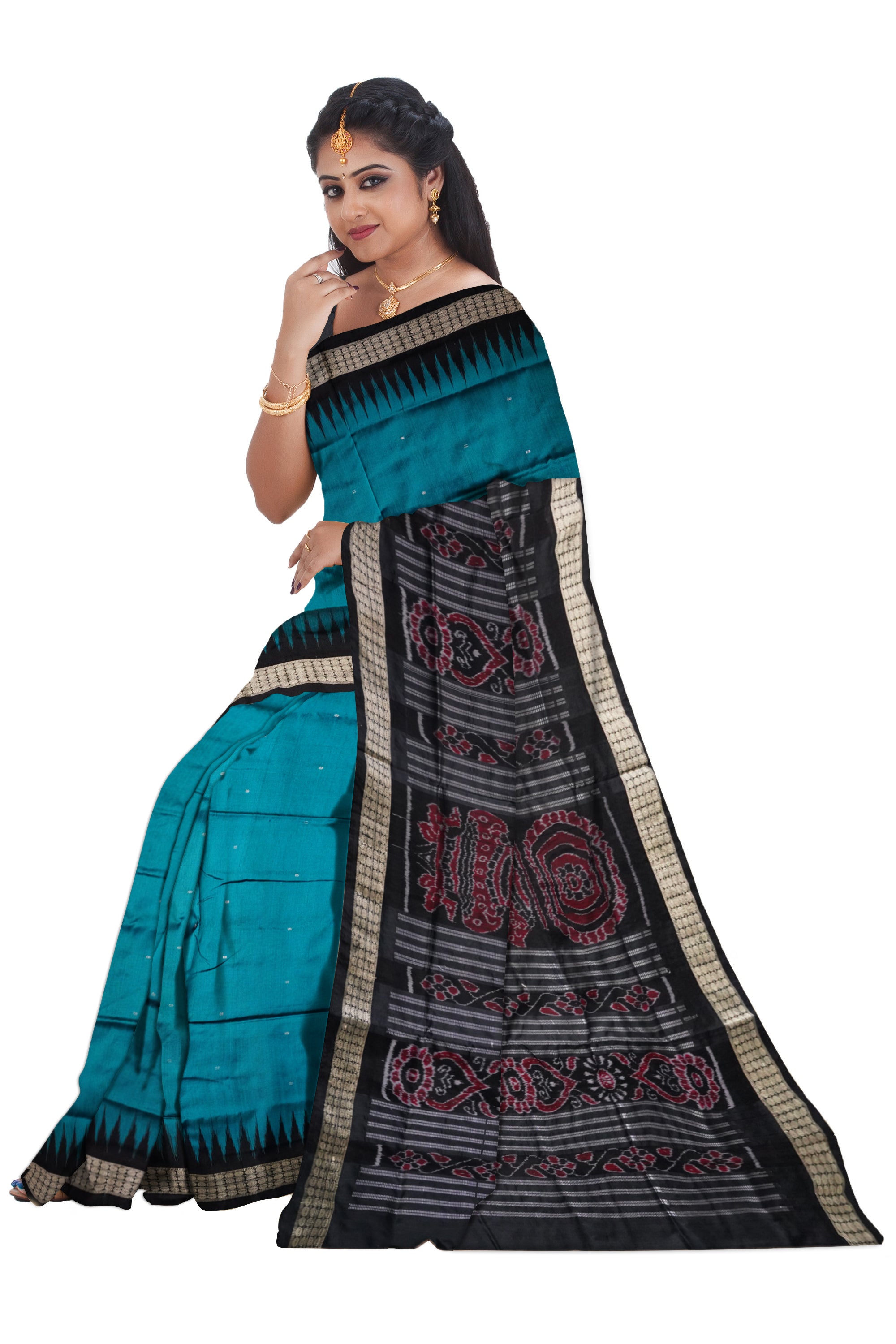 Sky-blue & Black color plain pata saree. - Koshali Arts & Crafts Enterprise