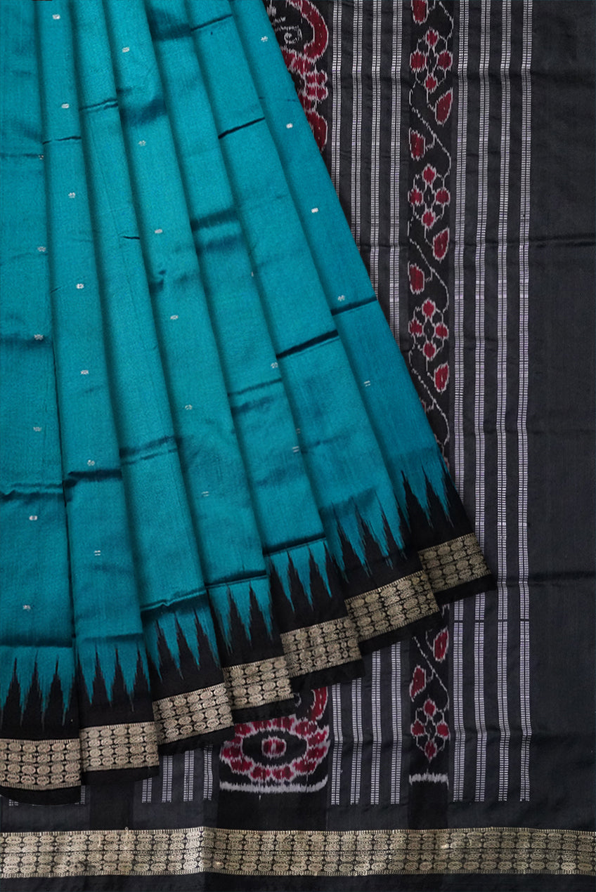 Sky-blue & Black color plain pata saree. - Koshali Arts & Crafts Enterprise