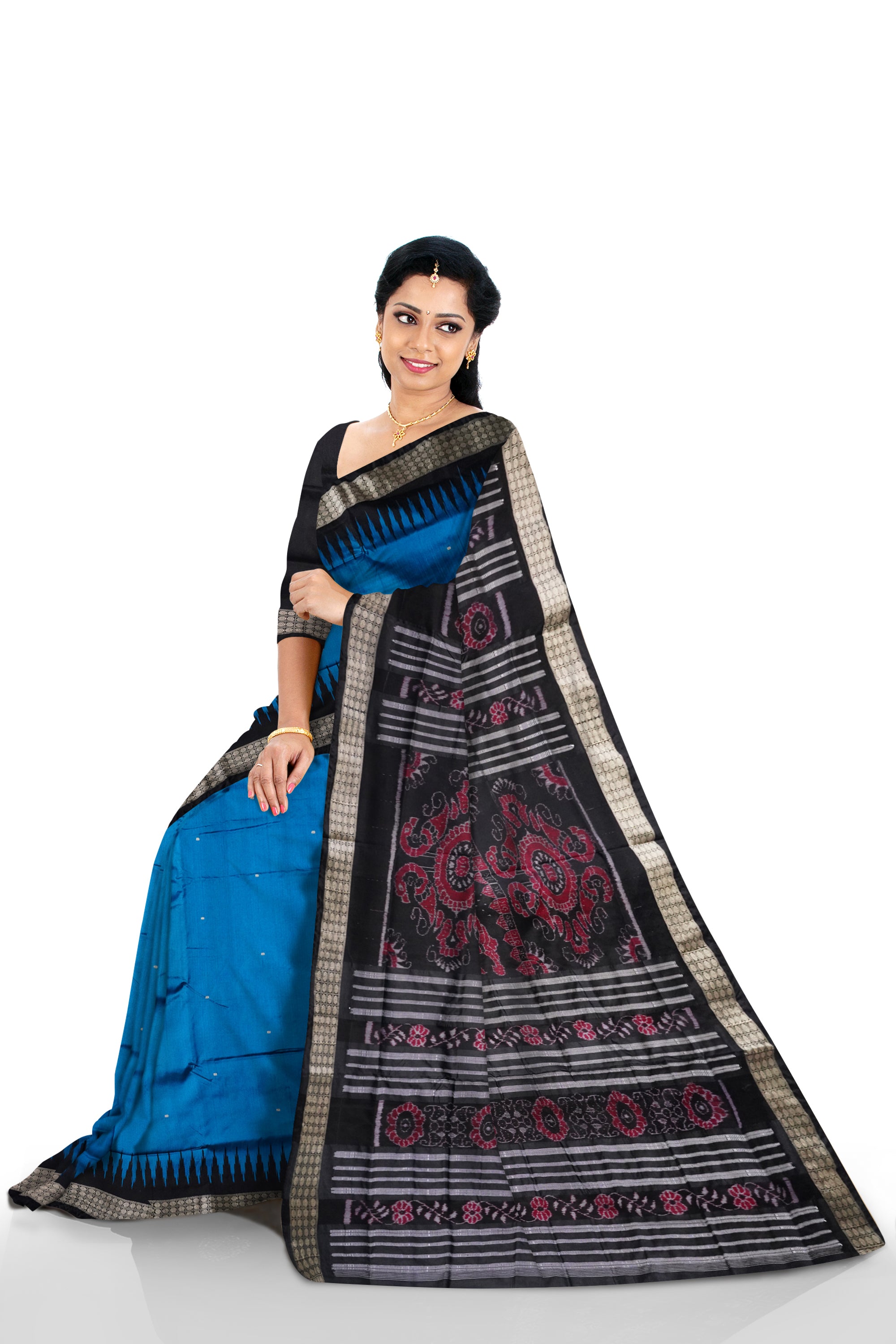 Royal blue and Black color plain pata saree. - Koshali Arts & Crafts Enterprise