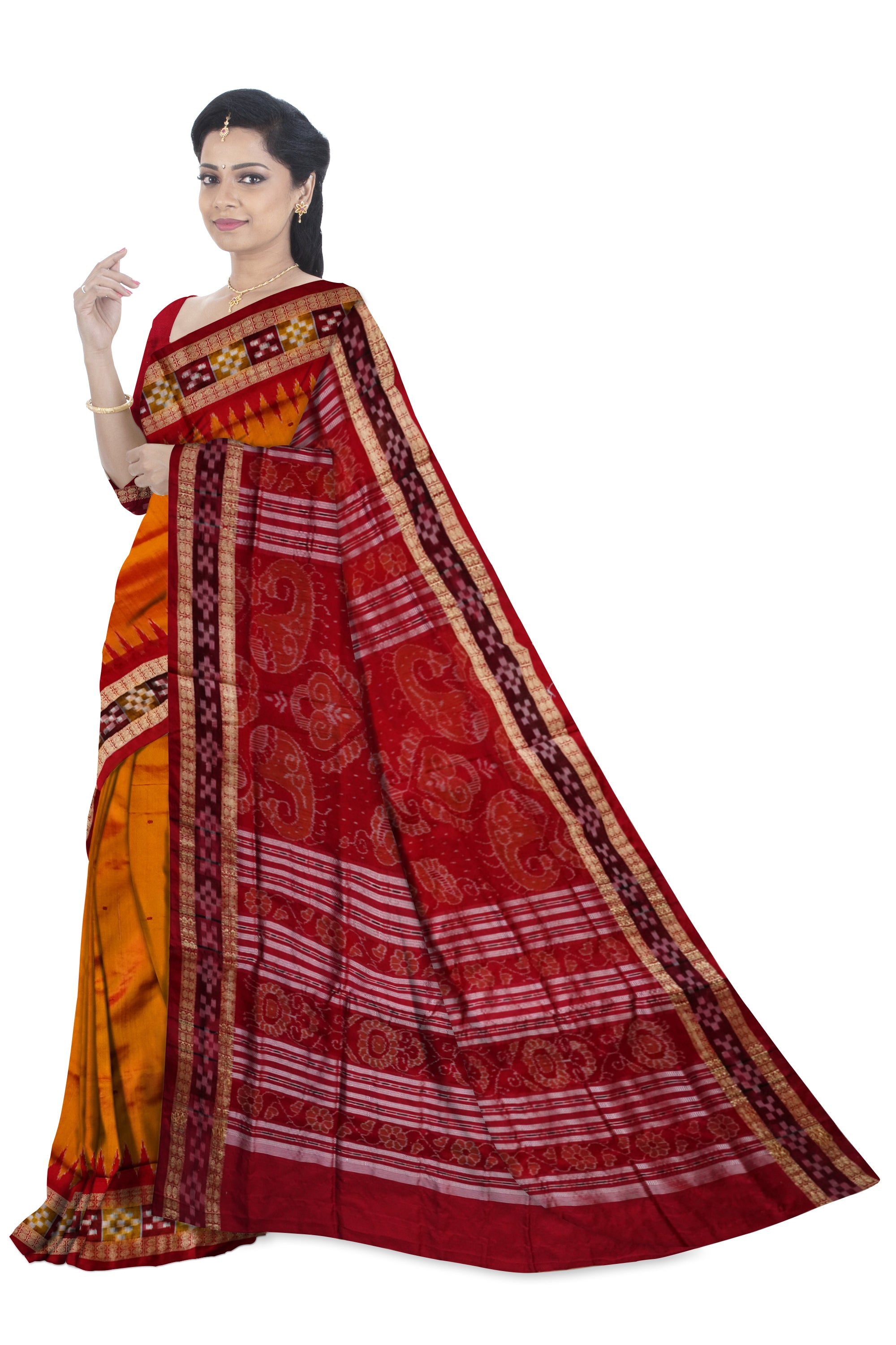 Yellow and Maroon colour dhadi pasapali pata saree. - Koshali Arts & Crafts Enterprise