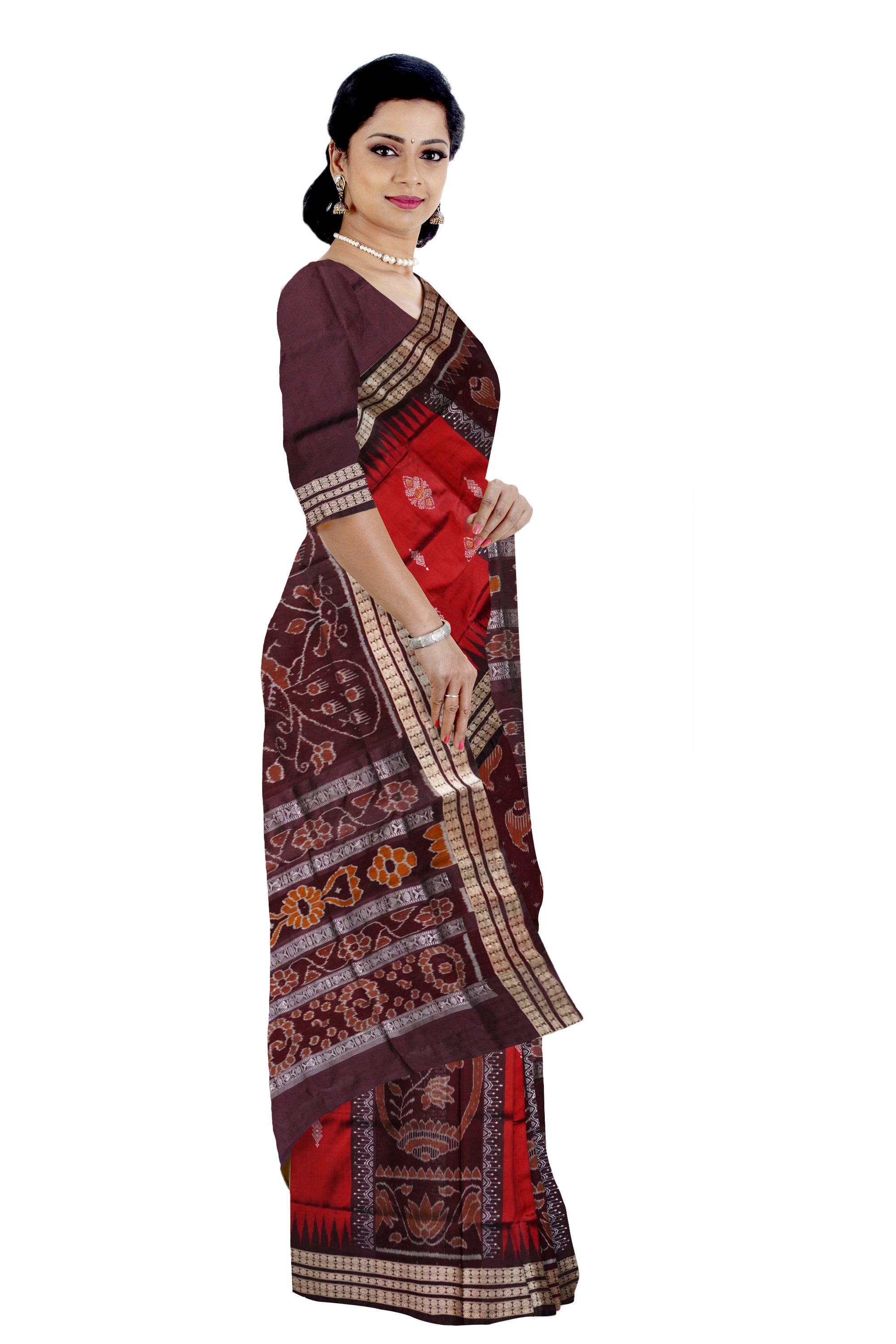 New bandha pere pere  sambalpuri pata saree in maroon and coffee colour . - Koshali Arts & Crafts Enterprise