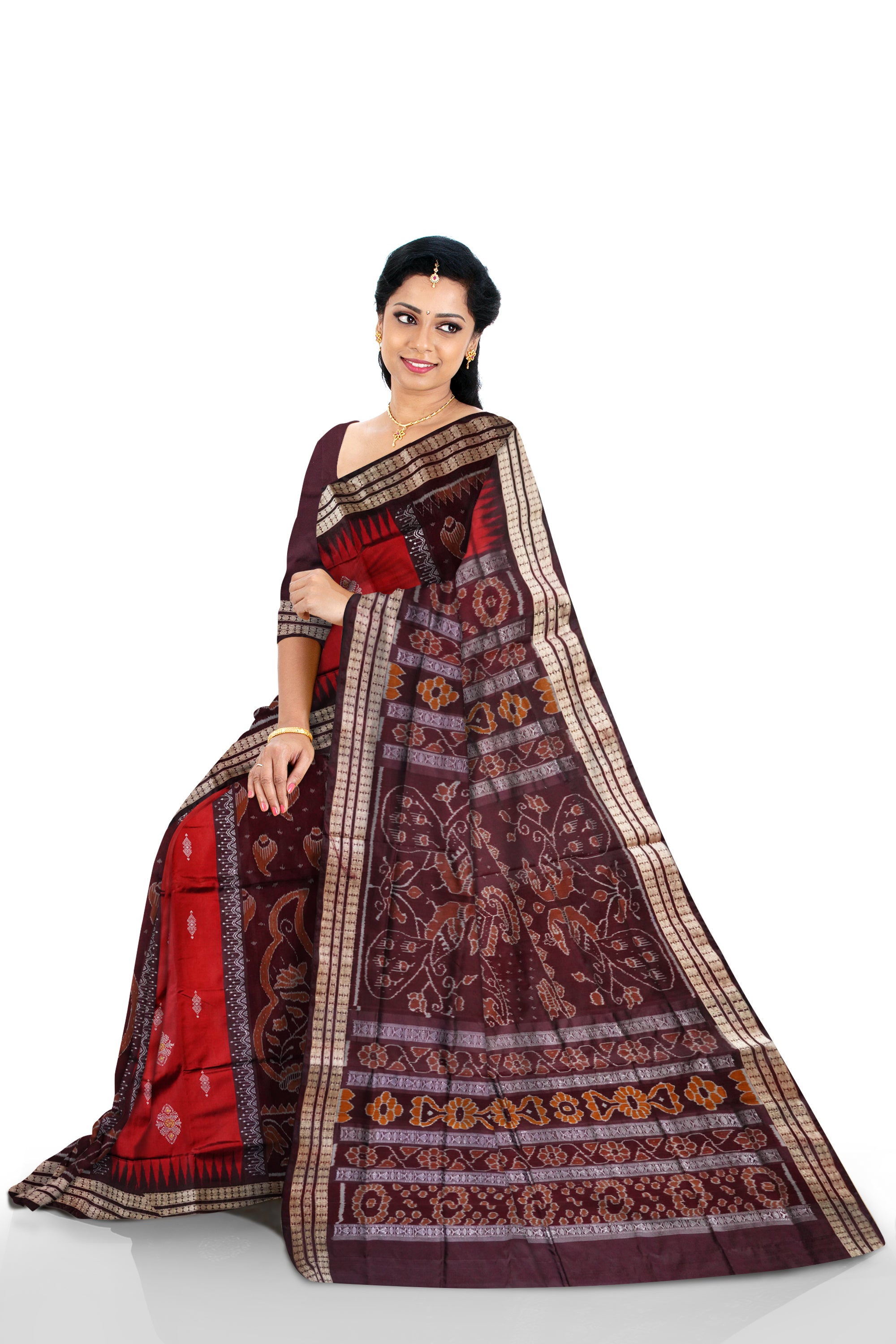 New bandha pere pere  sambalpuri pata saree in maroon and coffee colour . - Koshali Arts & Crafts Enterprise