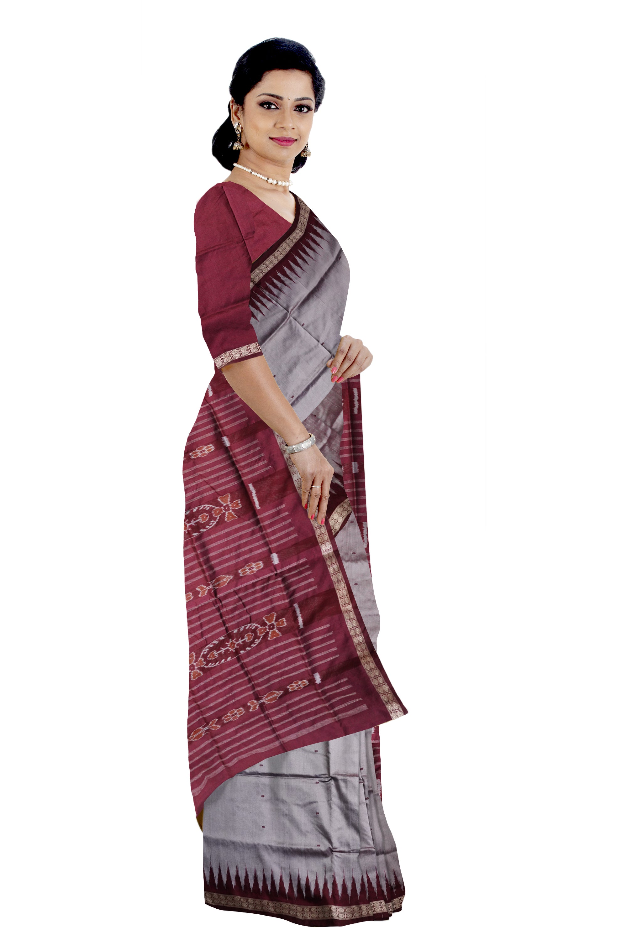Plain bandha pattern  pata saree in silver and coffee colour. - Koshali Arts & Crafts Enterprise